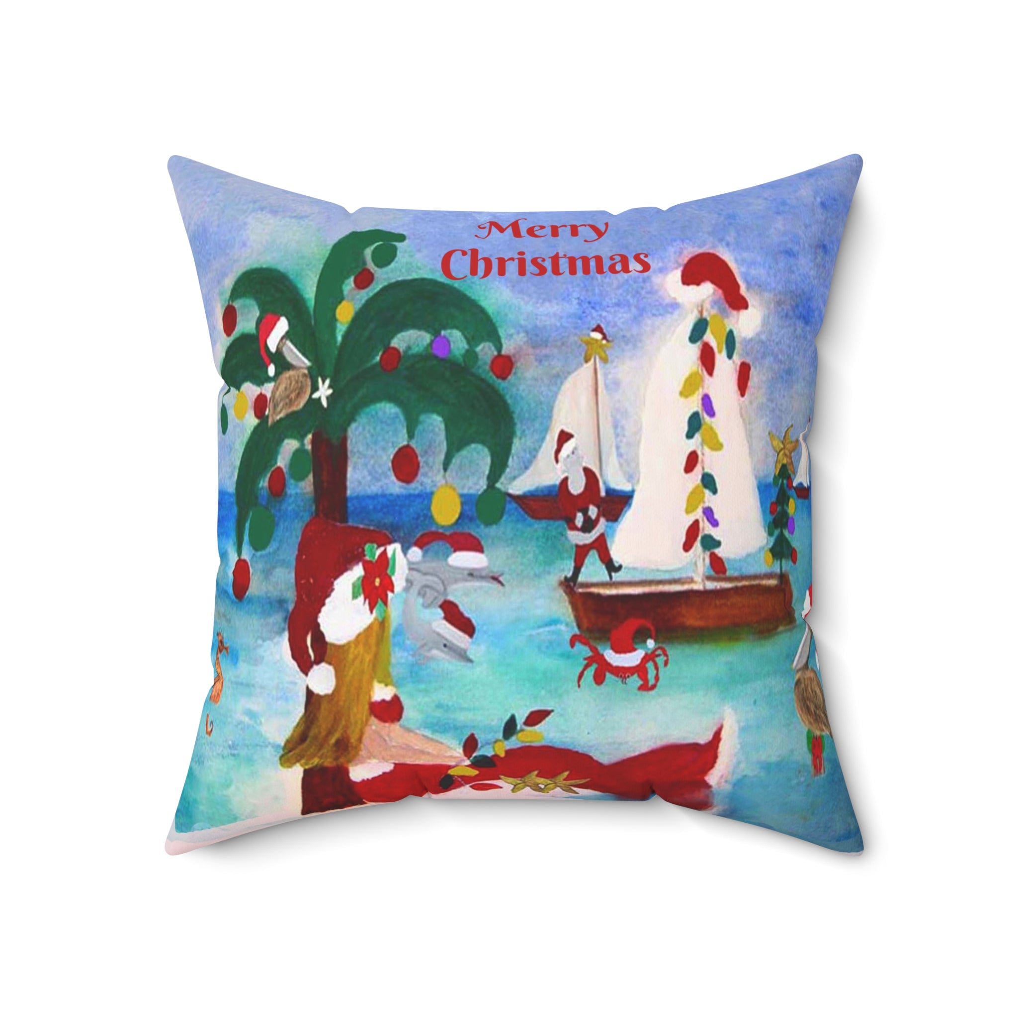 Christmas Coastal Pillow — 'Merry Christmas' Sailboat & Palm Tree Holiday Throw Pillow