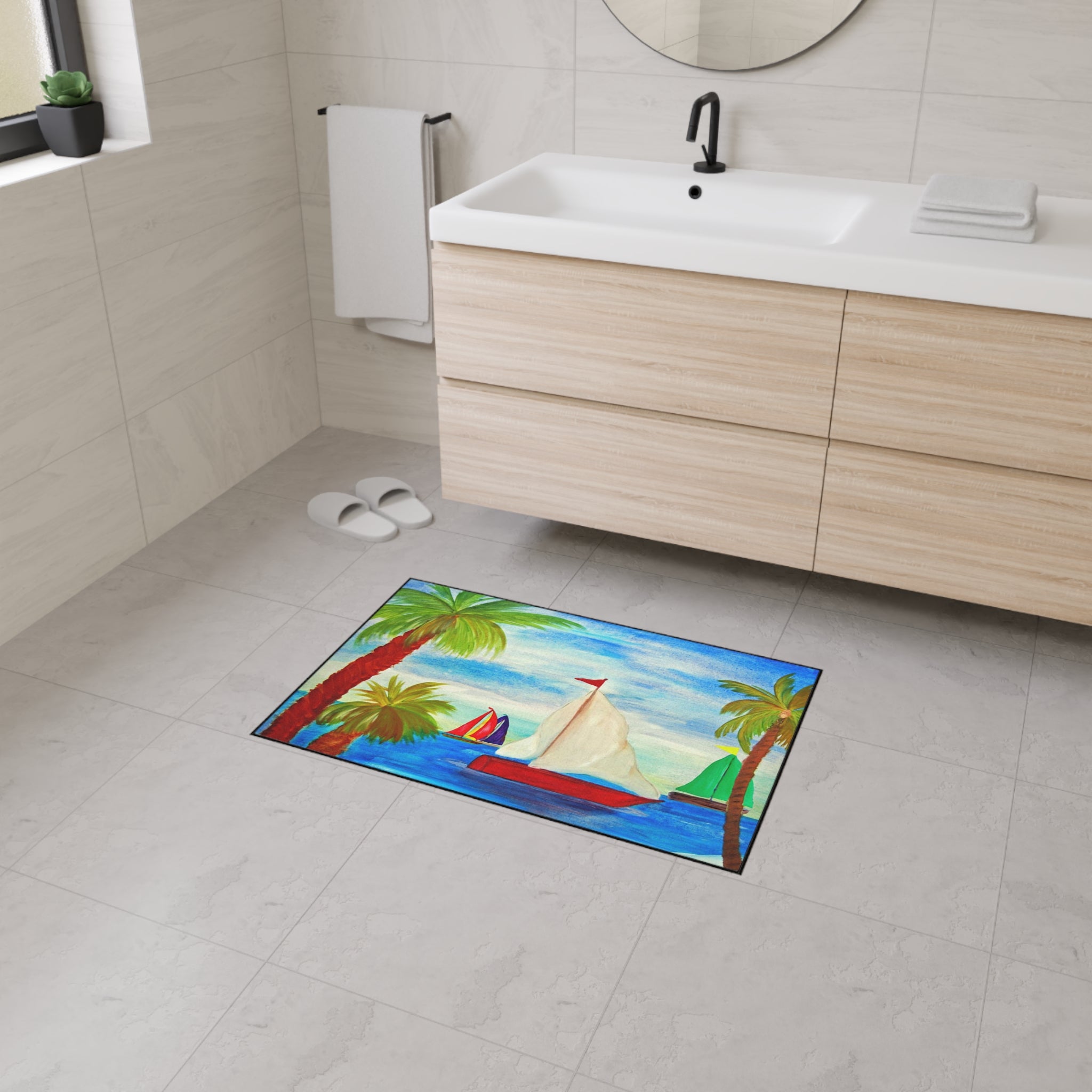 Sailboat Palm Beach Floor Mat — Heavy-Duty Tropical Welcome Mat
