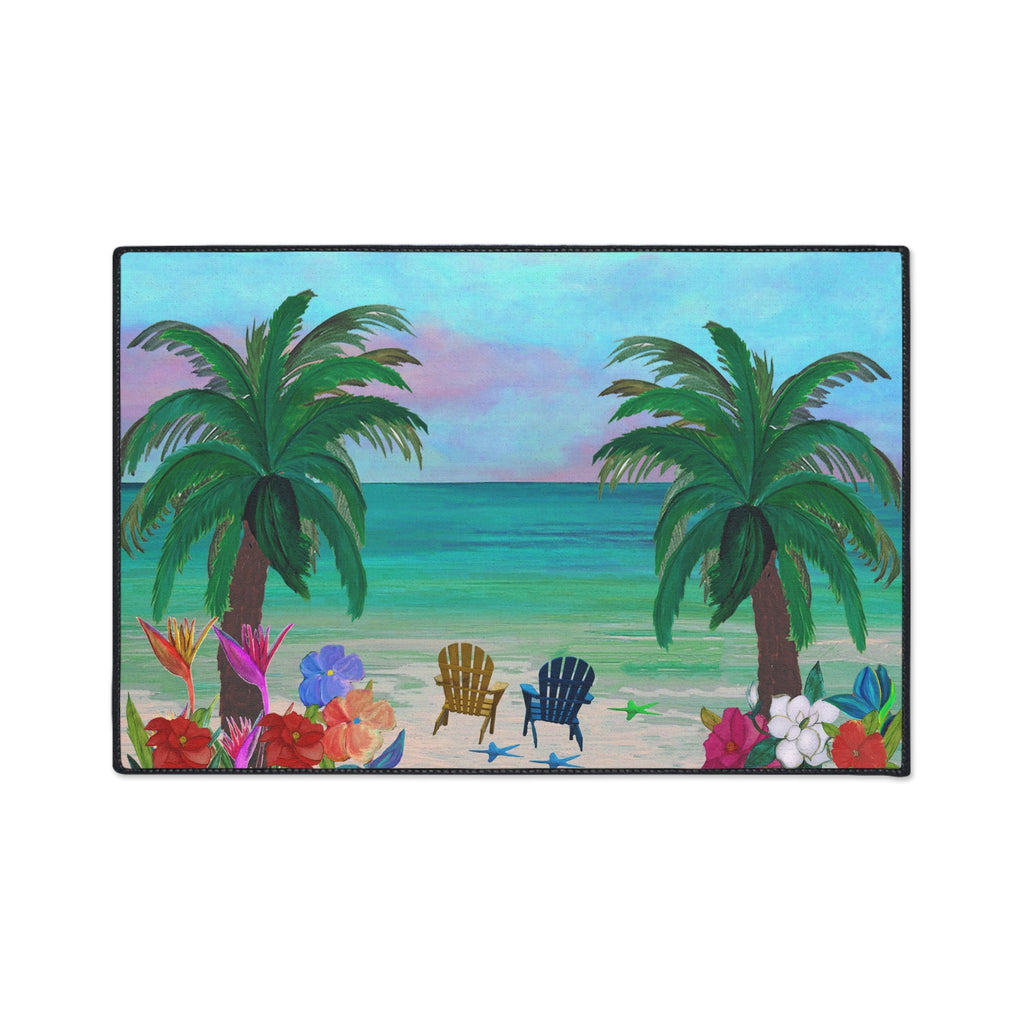 Tropical Beach Floor Mat — Palm Trees, Adirondack Chairs & Floral Welcome Doormat