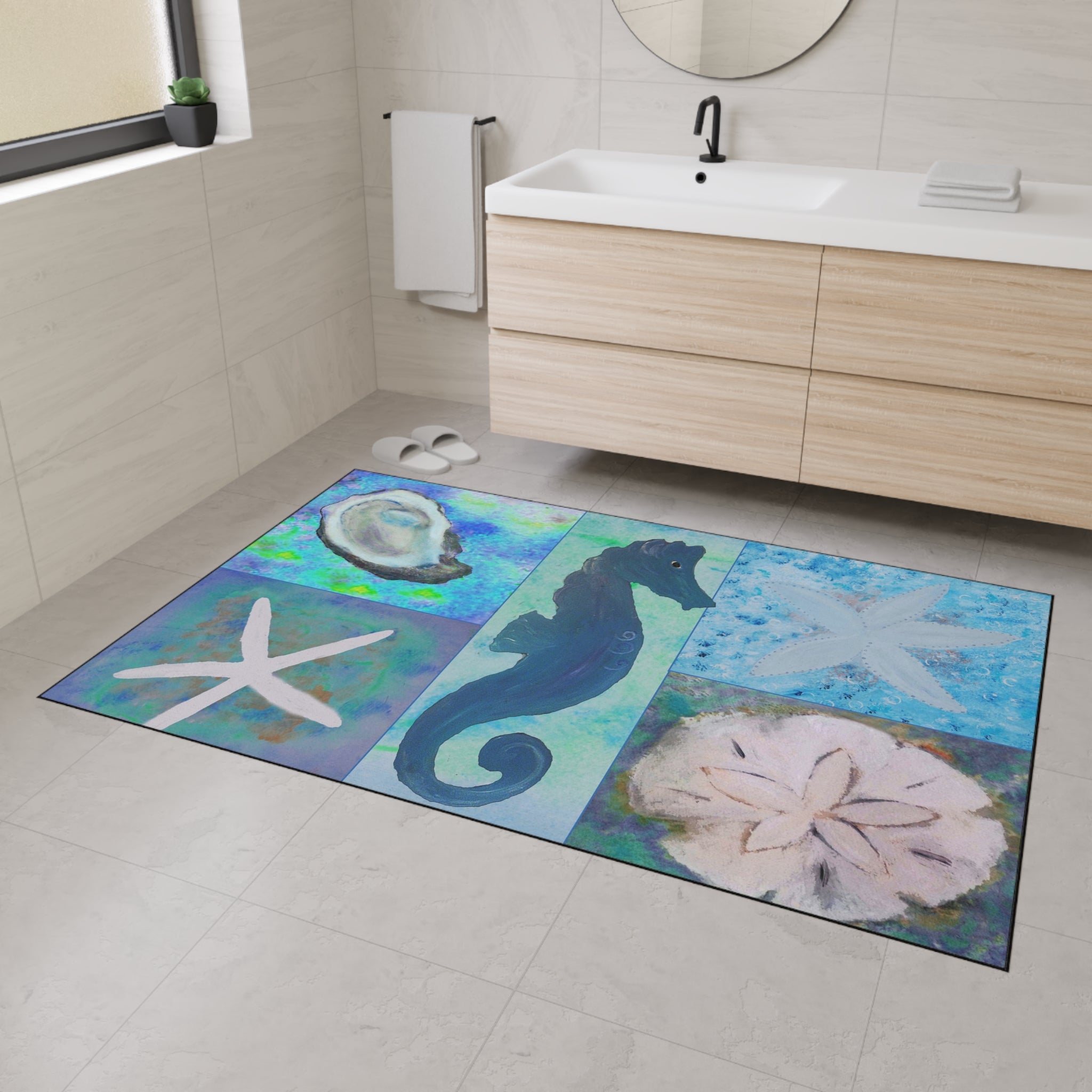 Coastal Sea Life Floor Mat — Seahorse, Starfish & Sand Dollar Rug