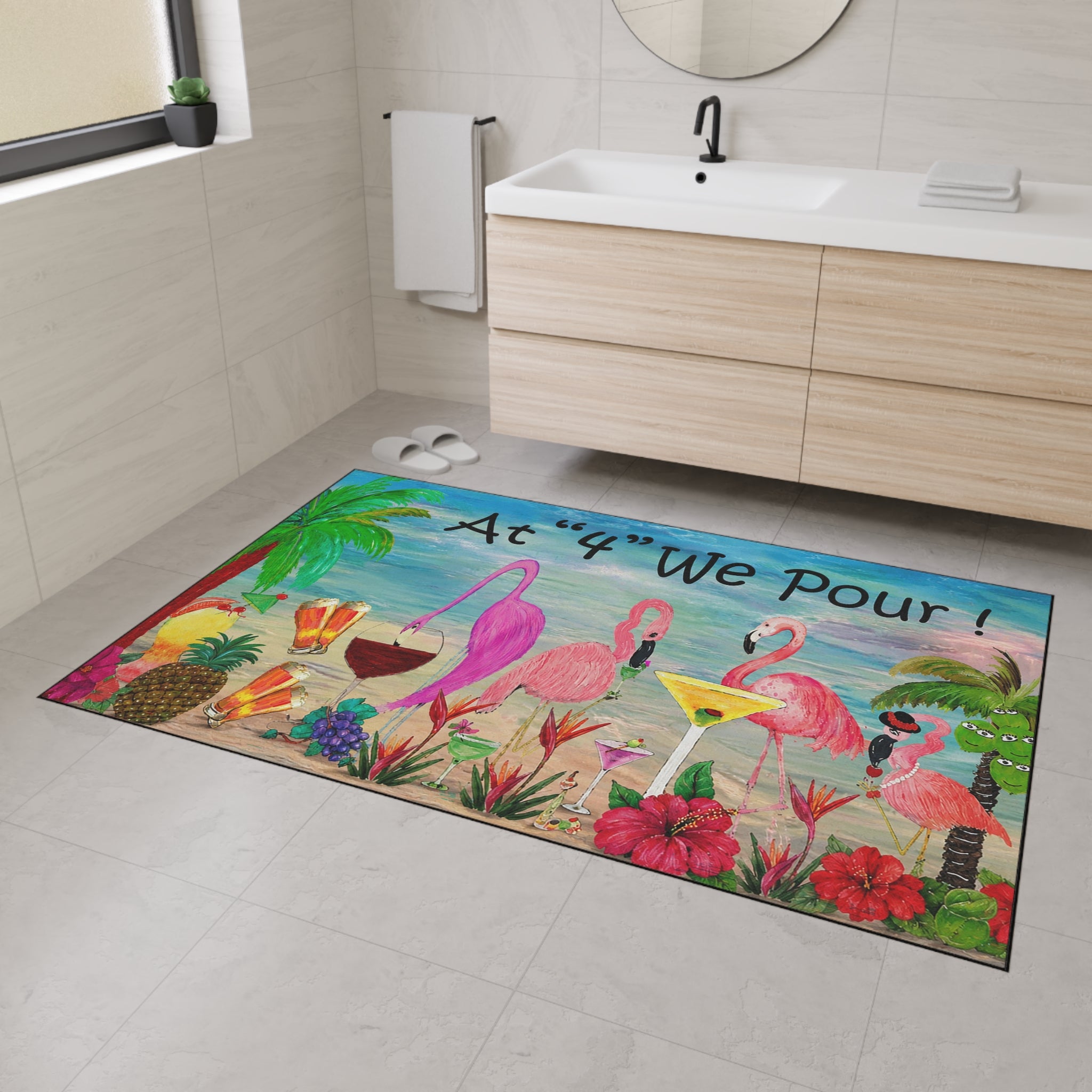 Tropical Flamingo Welcome Mat — "At '4' We Pour!" Cocktail Beach Door Mat