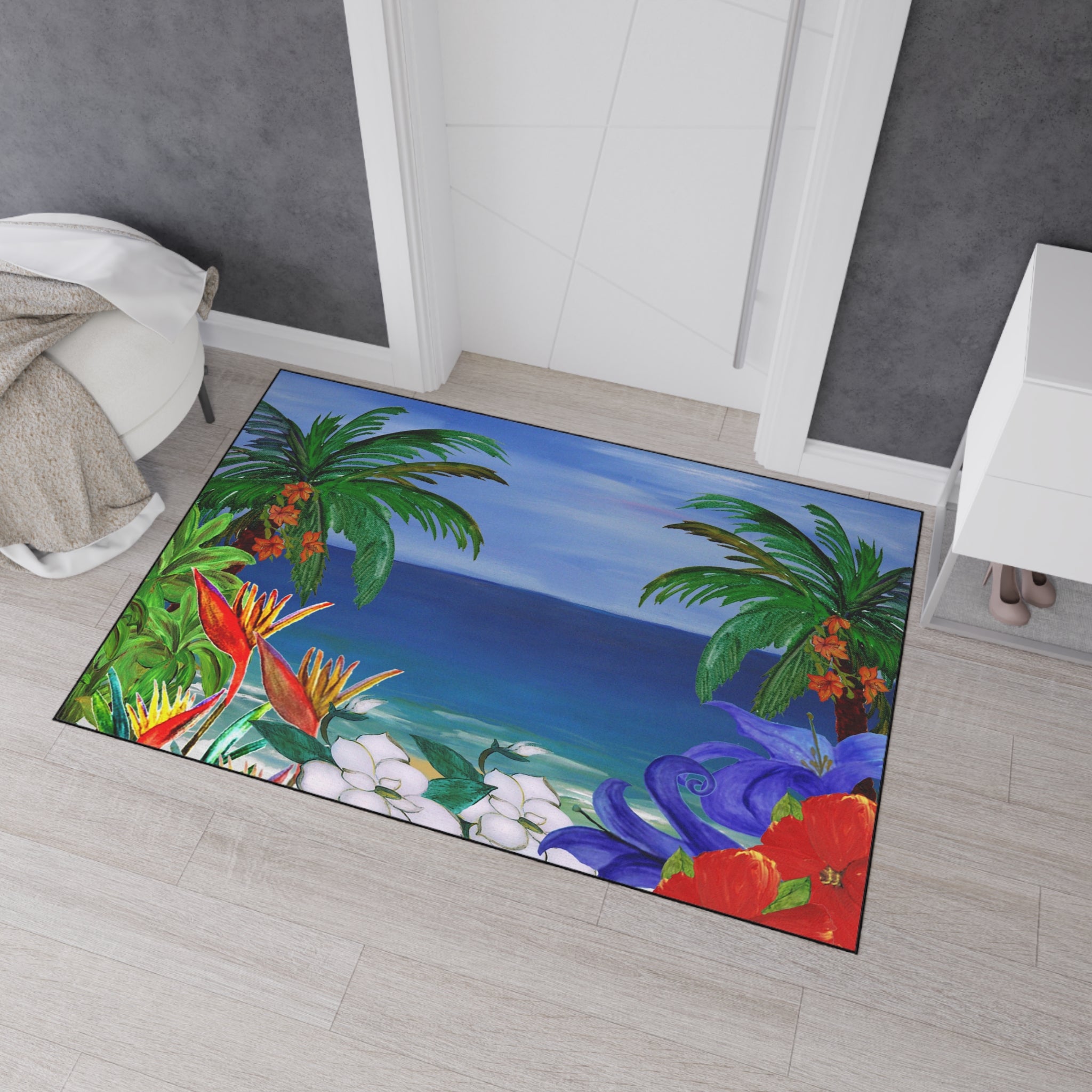 Tropical Beach Floor Mat — Heavy-Duty Outdoor/Indoor Doormat with Palm Trees & Floral Design