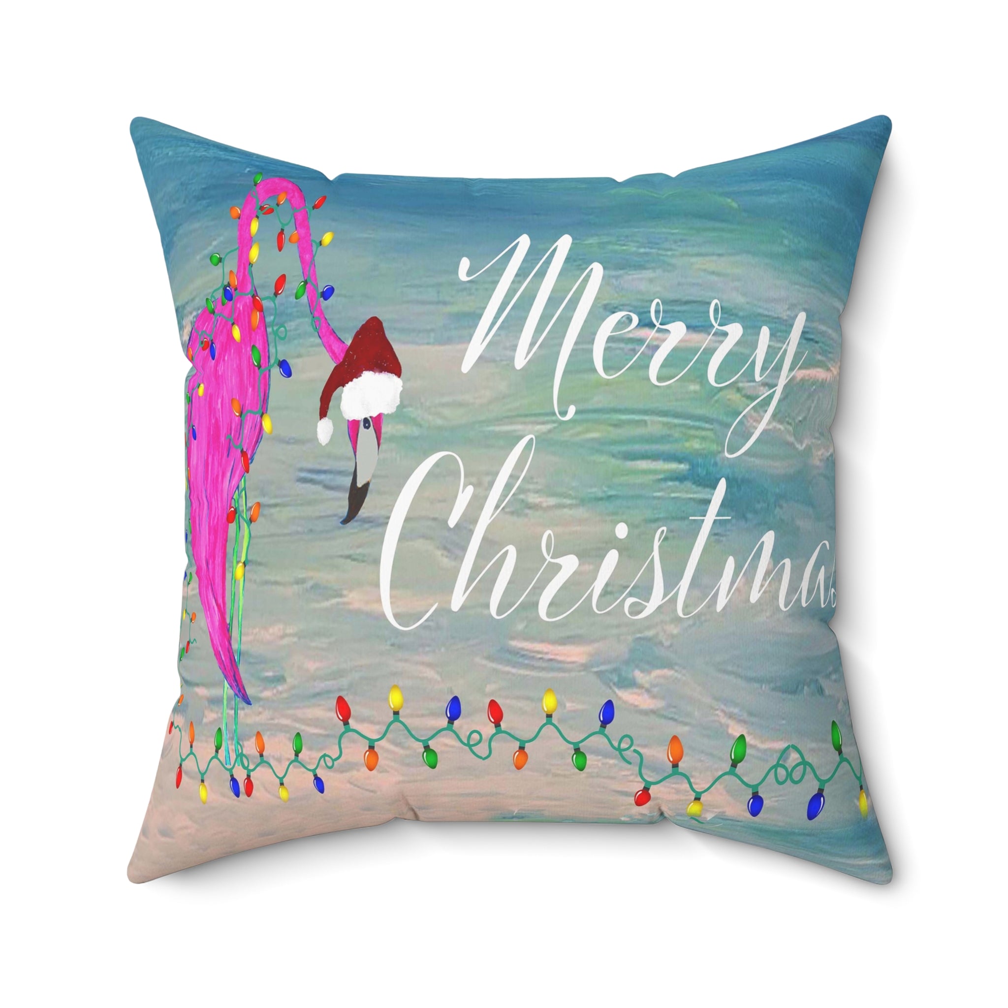 Tropical flamingo and Holiday lights clearwater beach Spun Polyester Square Pillow