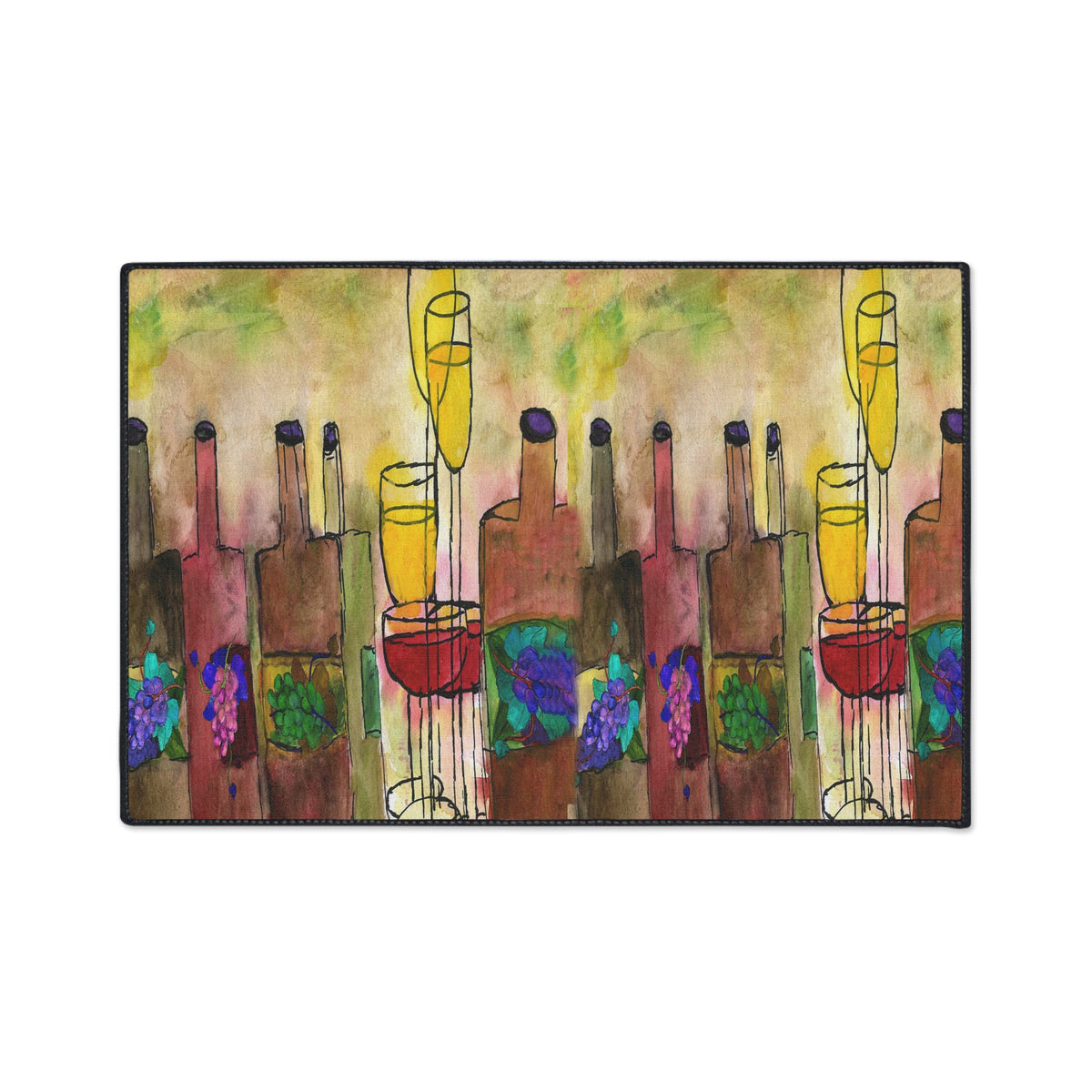 Wine Bottle Art Heavy Duty Floor Mat Vineyard Bar Colorful Grapes & Glasses Entry Rug