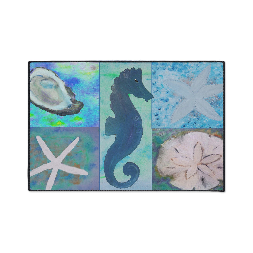 Coastal Sea Life Floor Mat — Seahorse, Starfish & Sand Dollar Rug