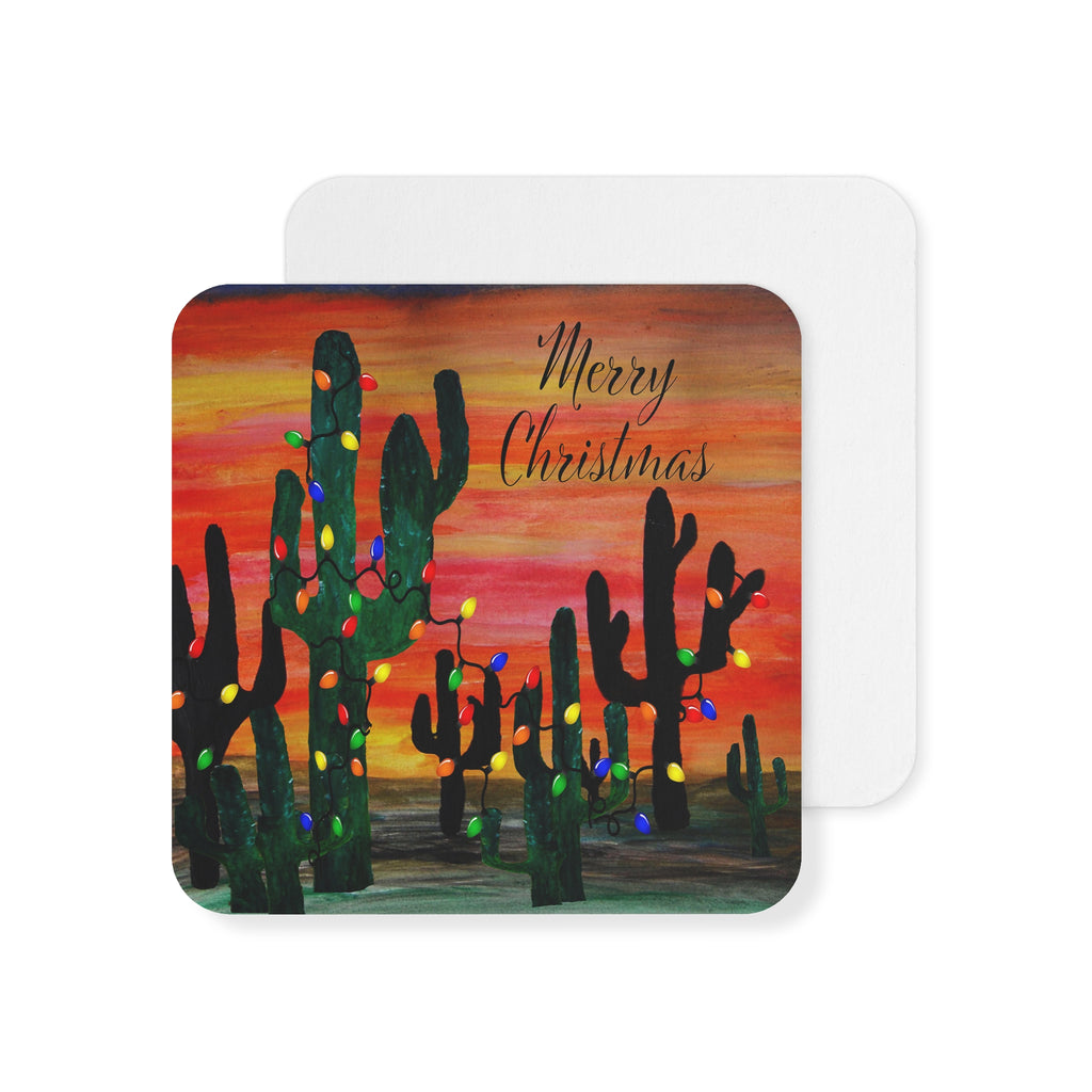 Christmas Cactus Coasters — Pack of 50/100 Holiday Drink Coasters with 'Merry Christmas' Desert Lights Design