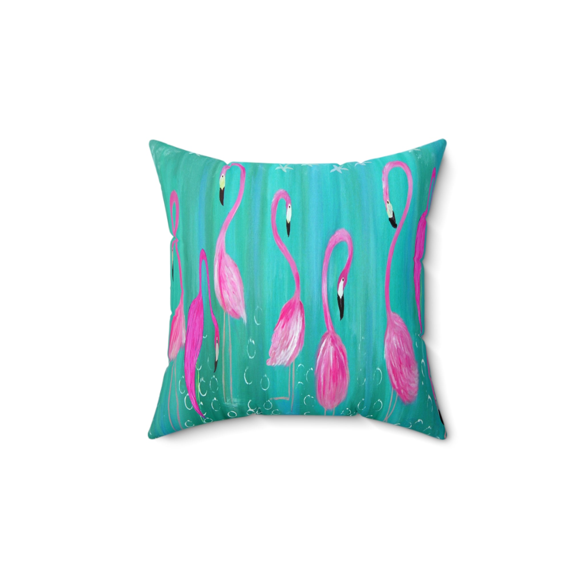 Flamingo Pattern Pillow — Tropical Pink Flamingos on Teal Square Pillow