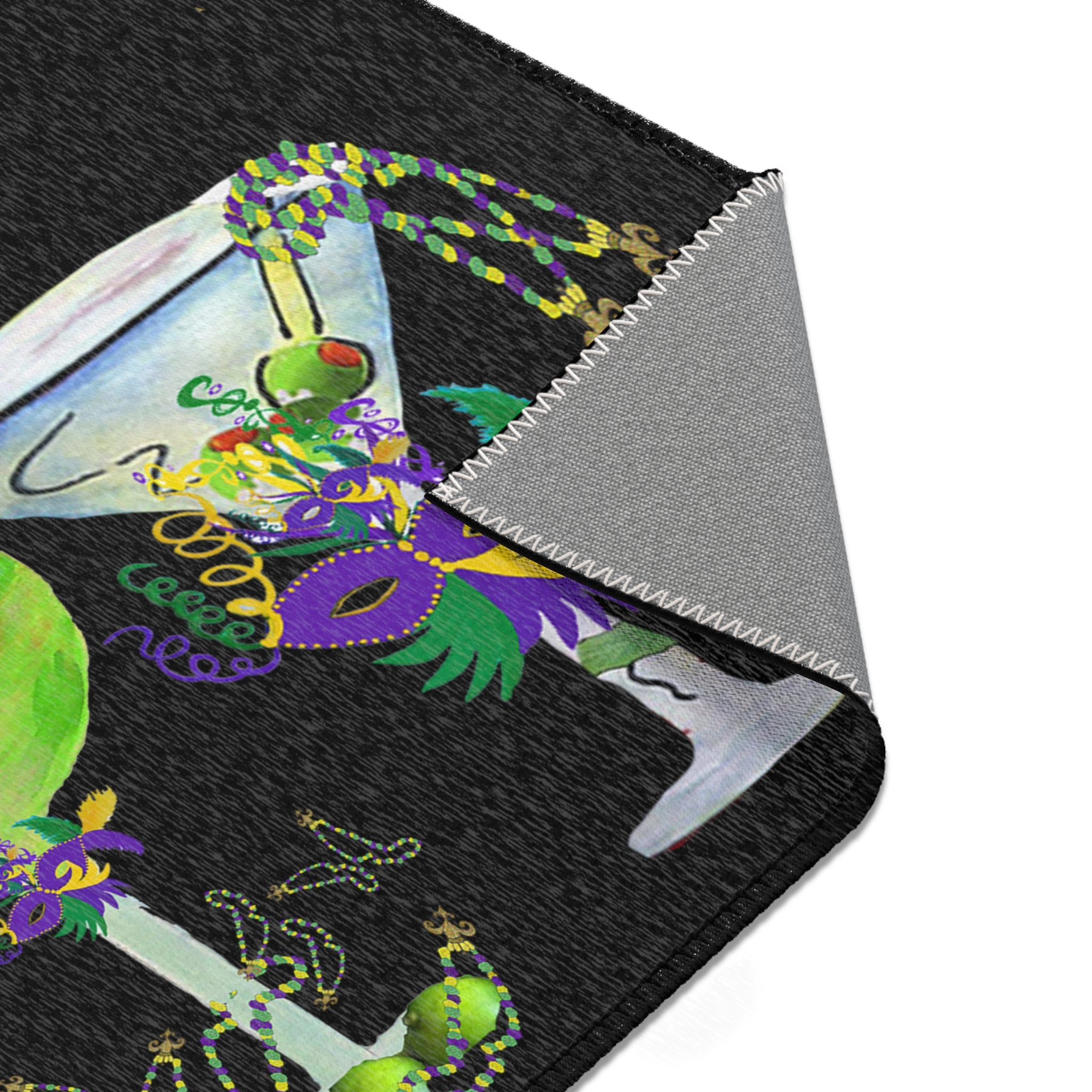 Mardi Gras Cocktail Area Rug — "Happy Mardi Gras" Festive Party Mat