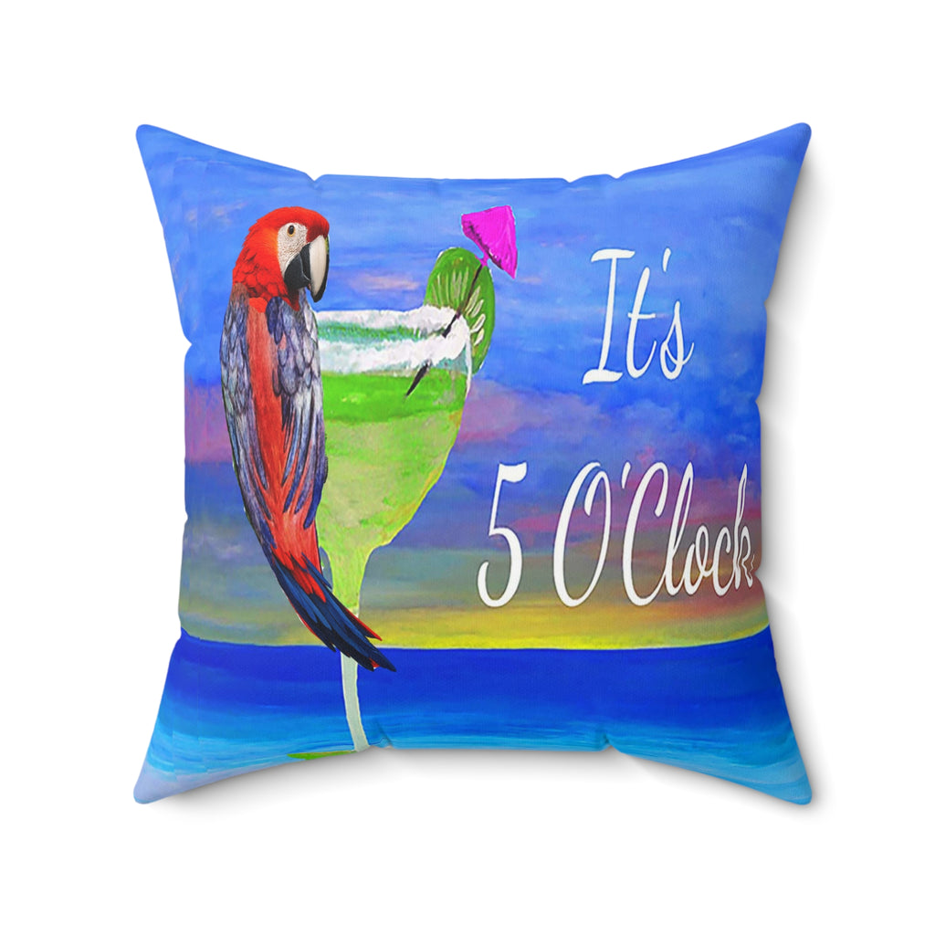Pretty Parrot Margarita It's 5 O'clock tropical bar Spun Polyester Square Pillow