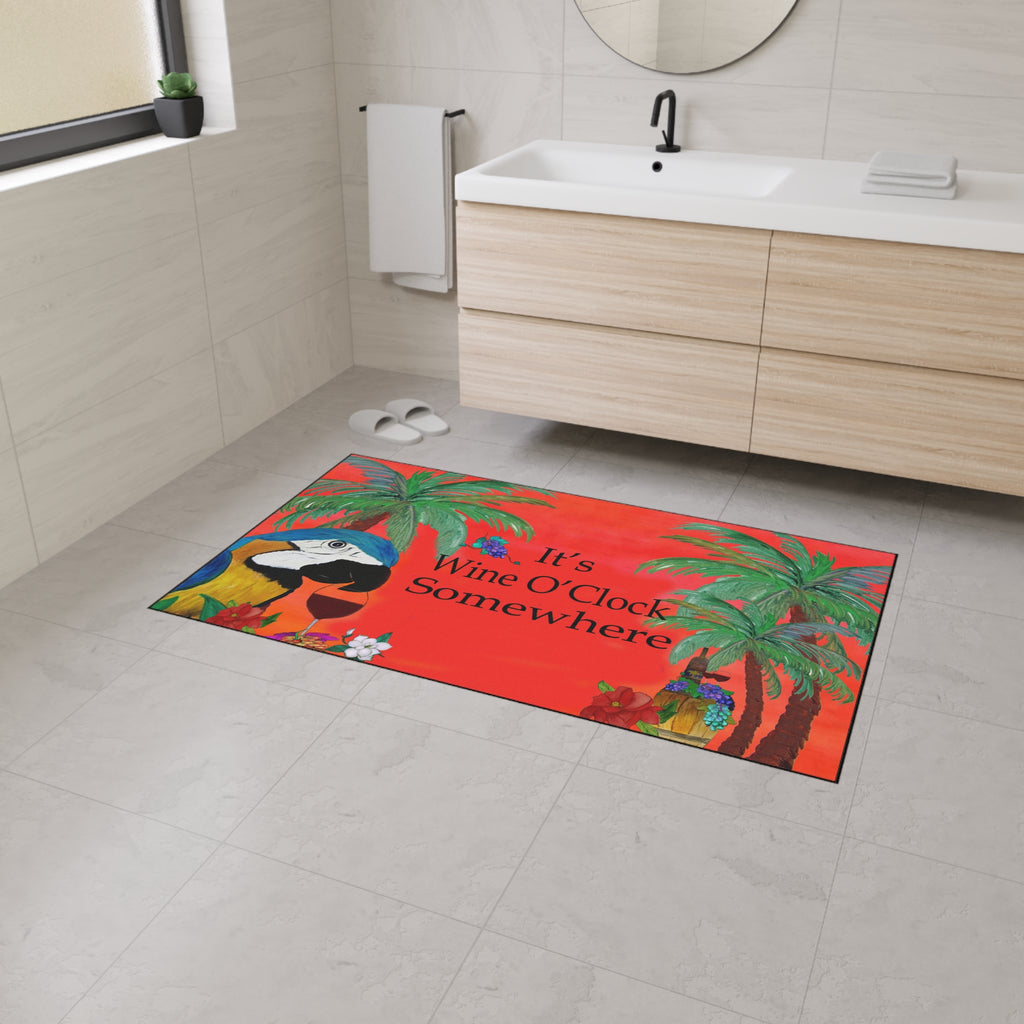 Floor Mat — "It’s Wine O’Clock Somewhere" Tropical Parrot Welcome Mat