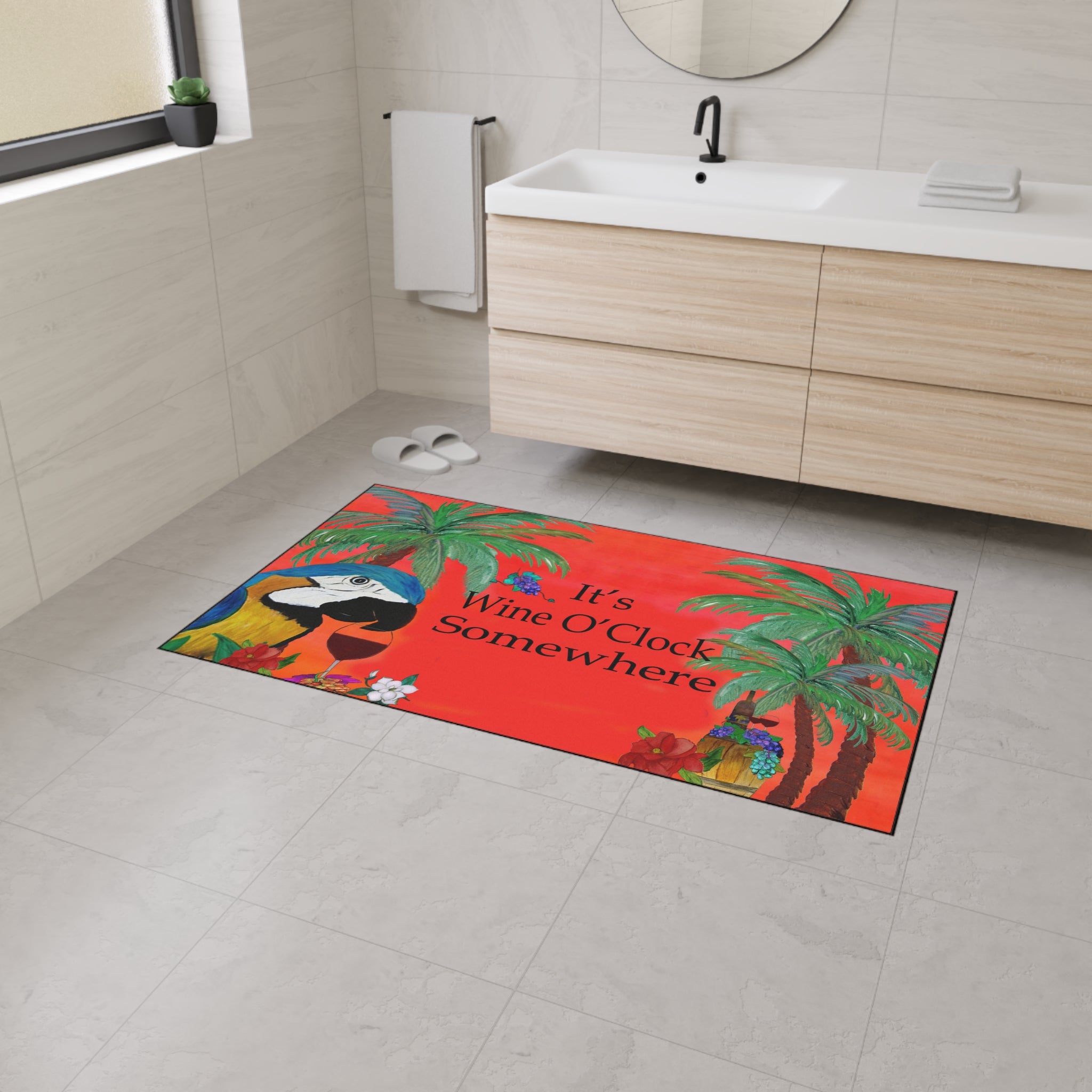 Floor Mat — "It’s Wine O’Clock Somewhere" Tropical Parrot Welcome Mat