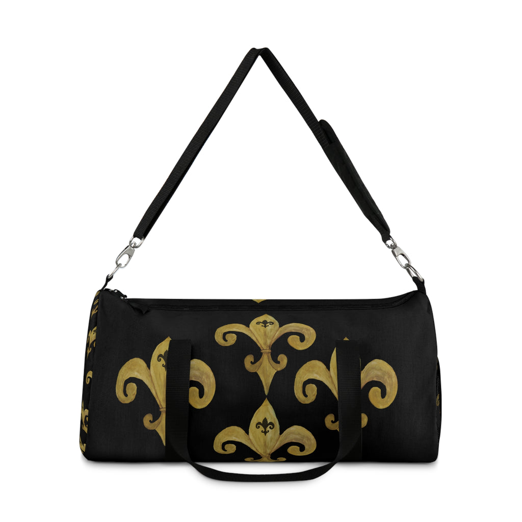 Gold Fleur-de-Lis Pattern Duffel Bag — Elegant Travel & Gym Weekender