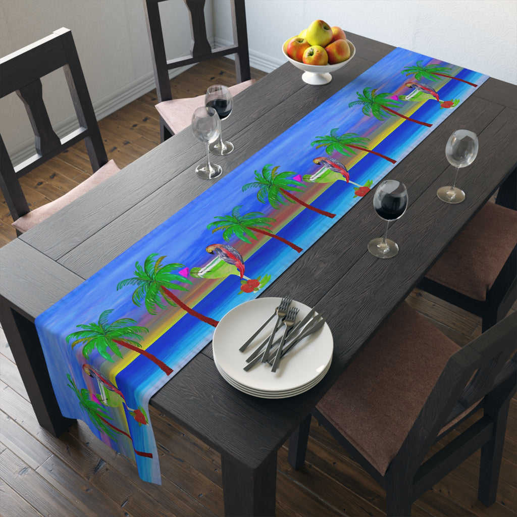 Tropical Palm Table Runner — "Parrot Margarita" Beach Sunset Cotton/Poly