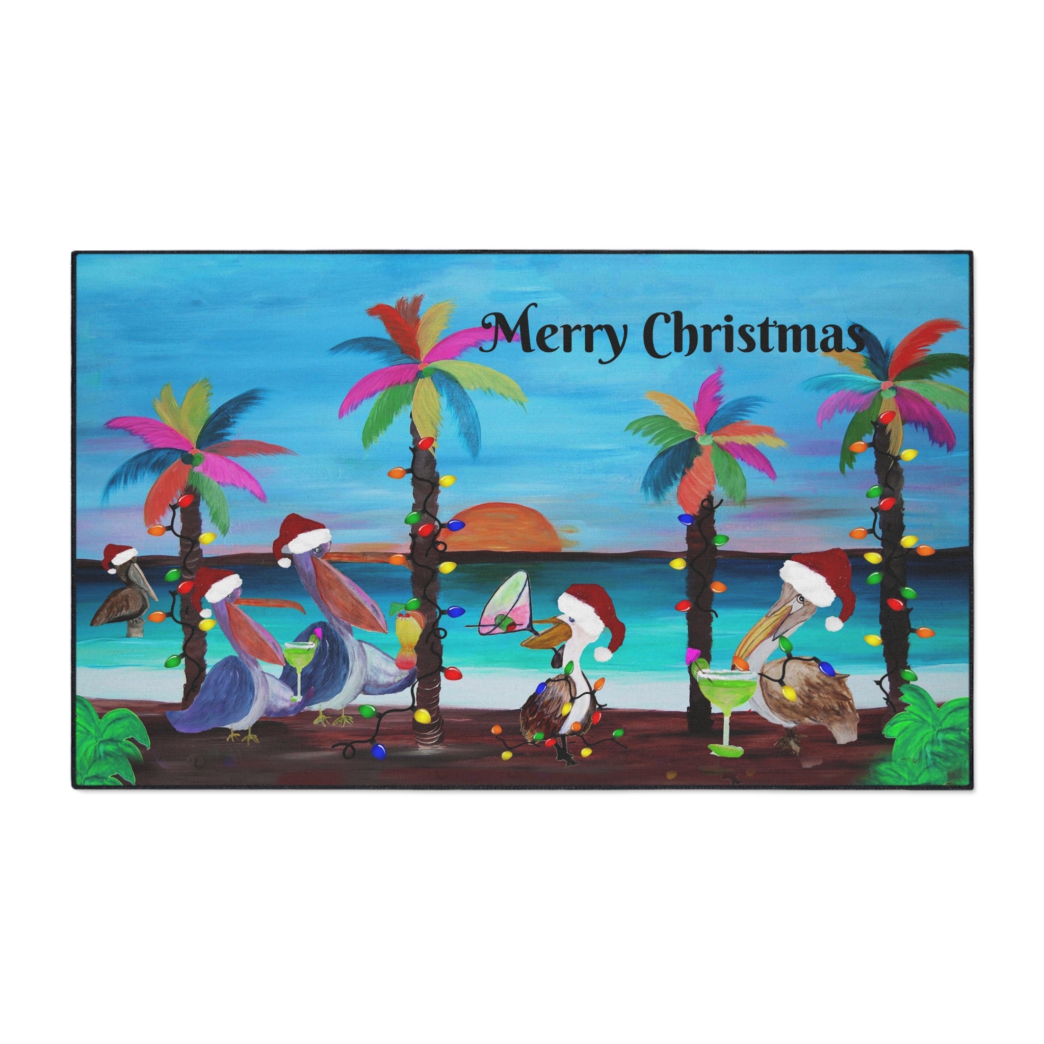 Christmas Pelican Beach Mat — "Merry Christmas" Holiday Doormat