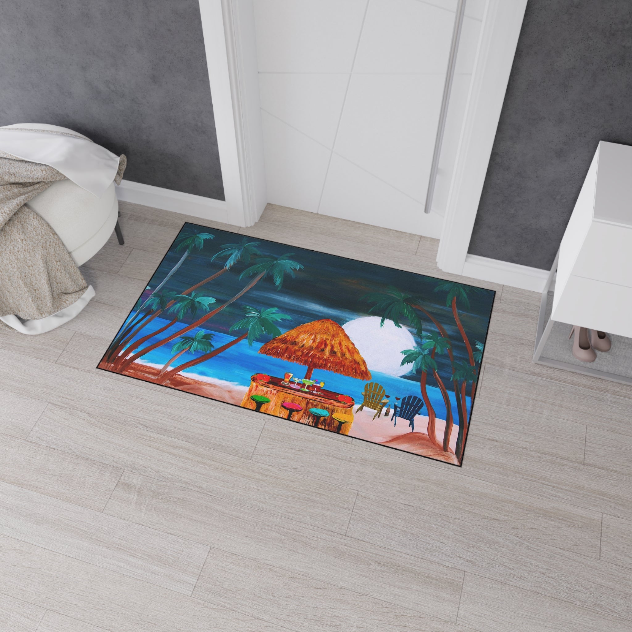 Tropical Beach Tiki Mat — Heavy Duty Floor Mat with Sunset Palm Paradise Design