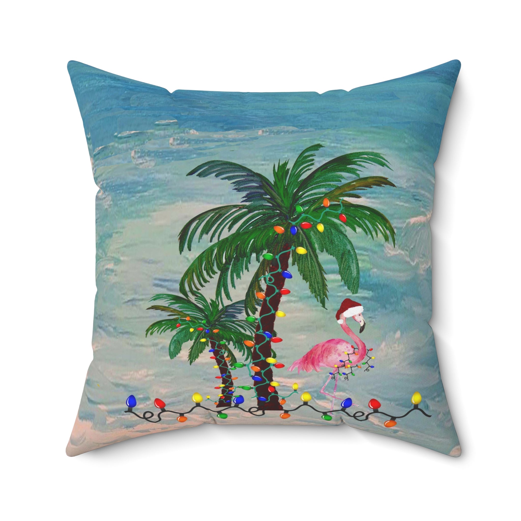 Tropical Christmas Palm Pillow — Flamingo & Holiday Lights Square Throw Pillow