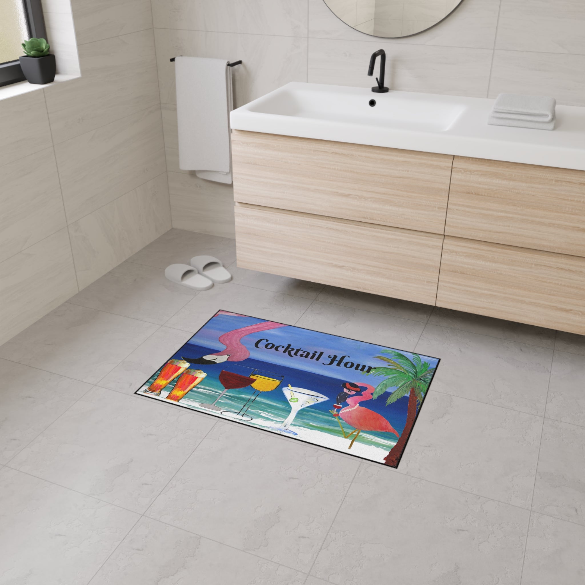 Cocktail Hour Flamingo Floor Mat — Tropical Beach Bar Welcome Mat