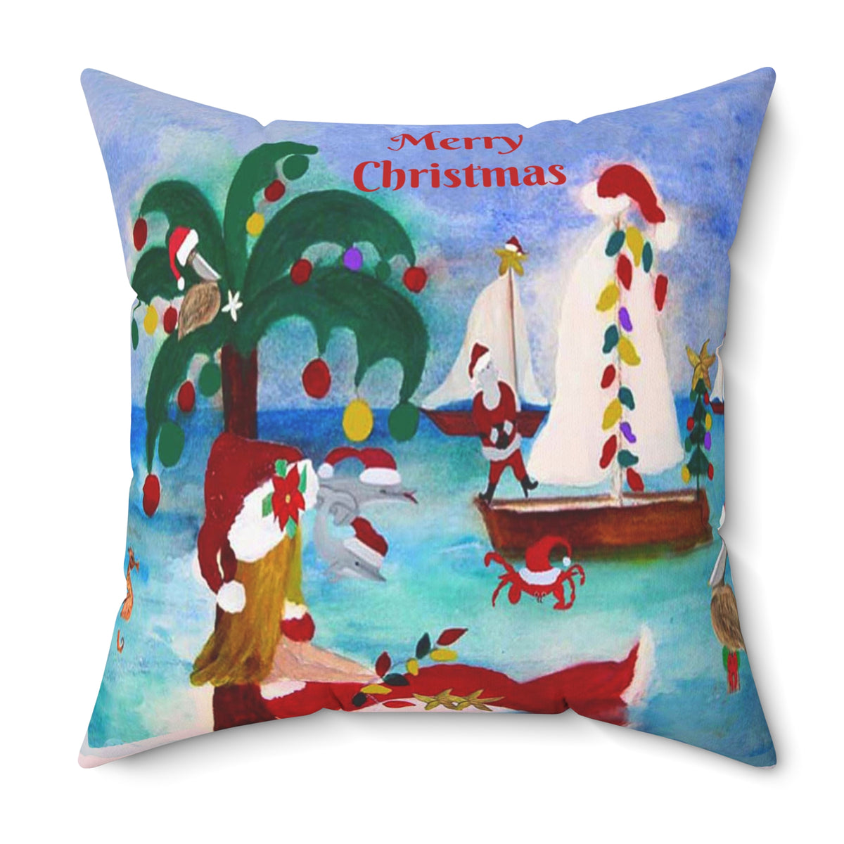 Christmas Coastal Pillow — 'Merry Christmas' Sailboat & Palm Tree Holiday Throw Pillow