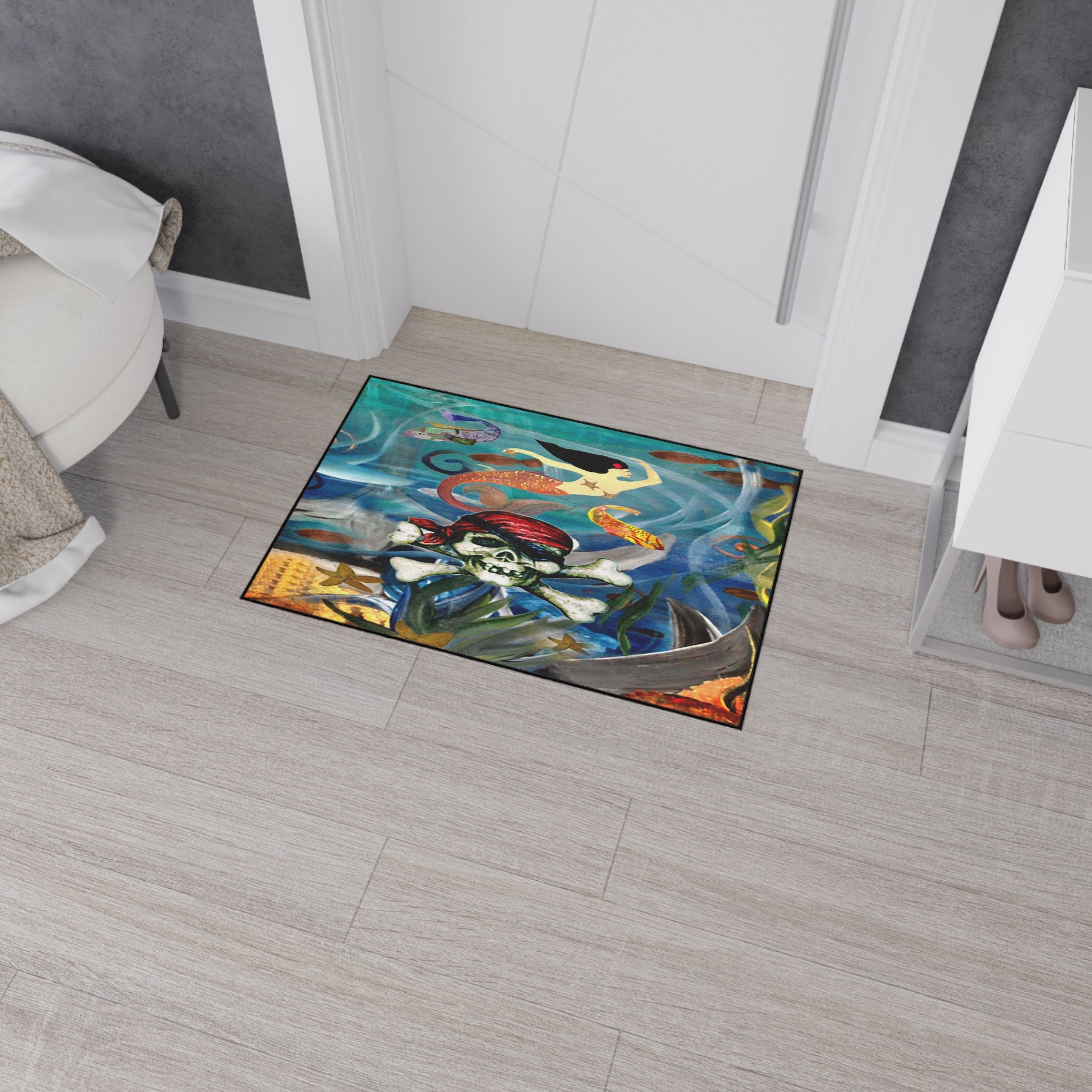 Pirate Skull & Mermaid Heavy Duty Floor Mat — Nautical Entryway Rug