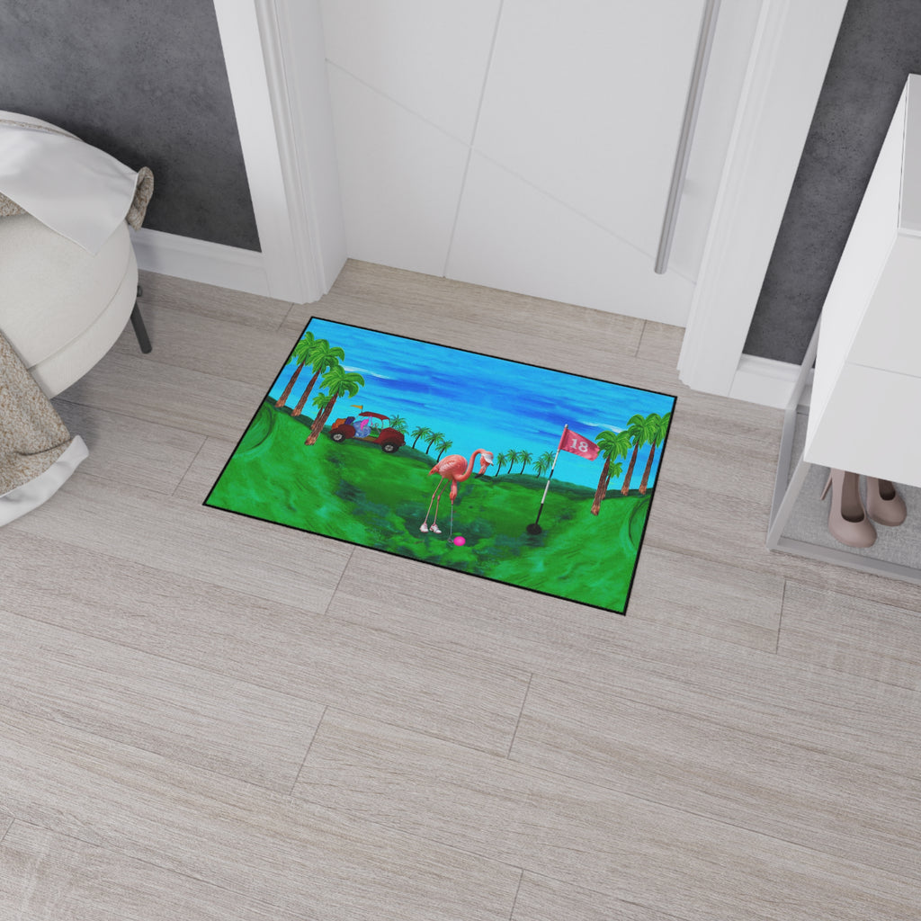 Golf Flamingo Heavy Duty Floor Mat — Tropical 18th Hole Welcome Mat