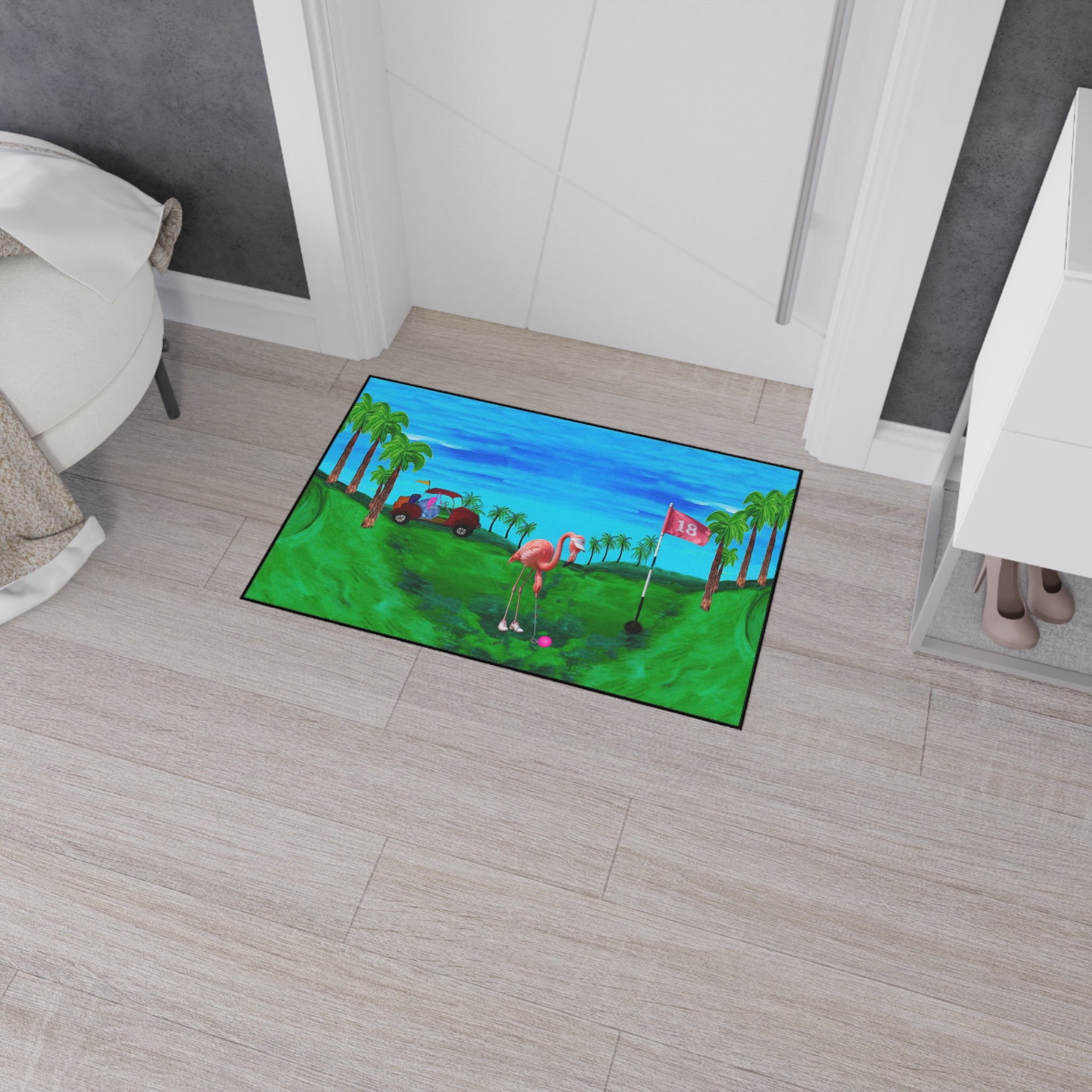 Golf Flamingo Heavy Duty Floor Mat — Tropical 18th Hole Welcome Mat