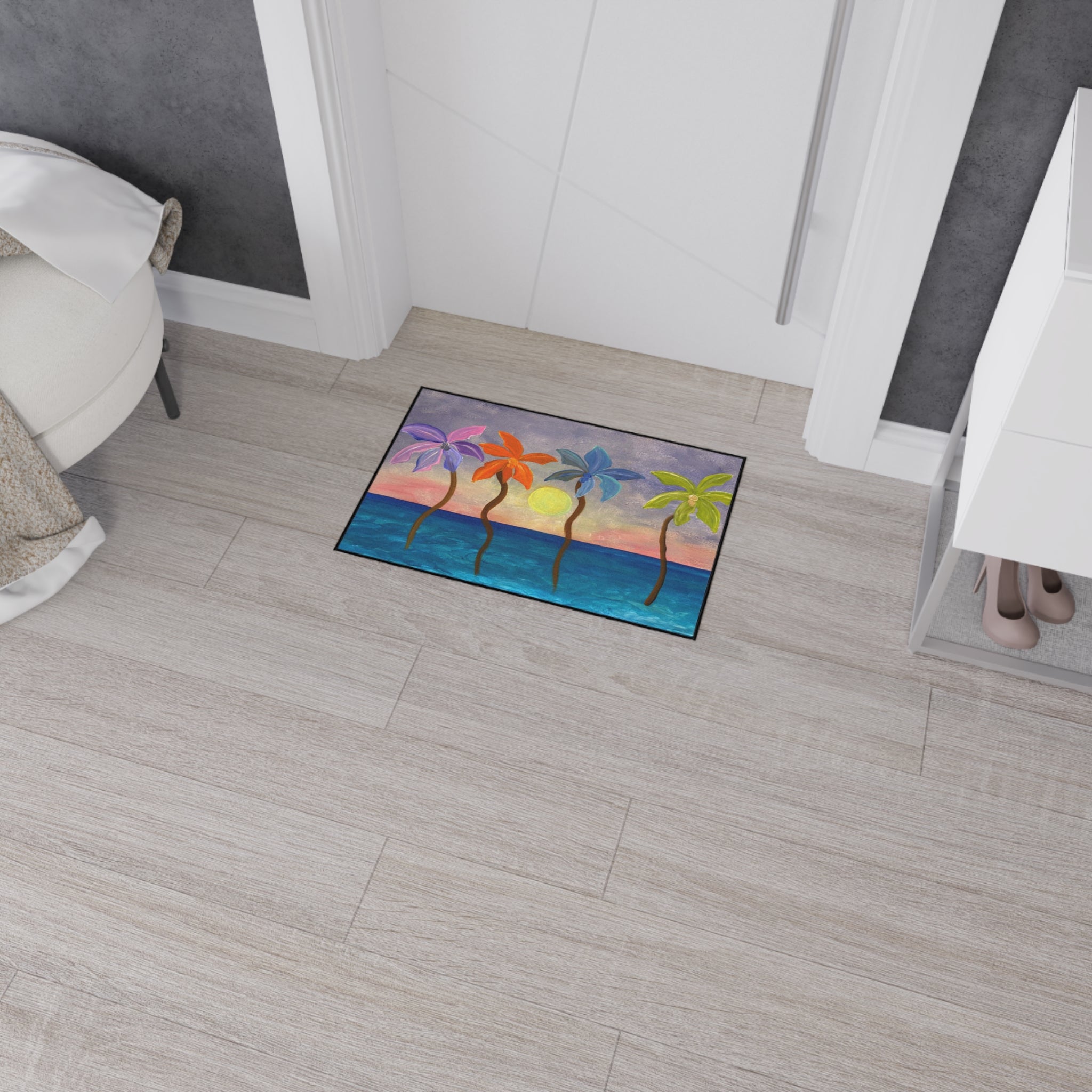 Tropical Sunset Colorful Palm Trees Floor Mat
