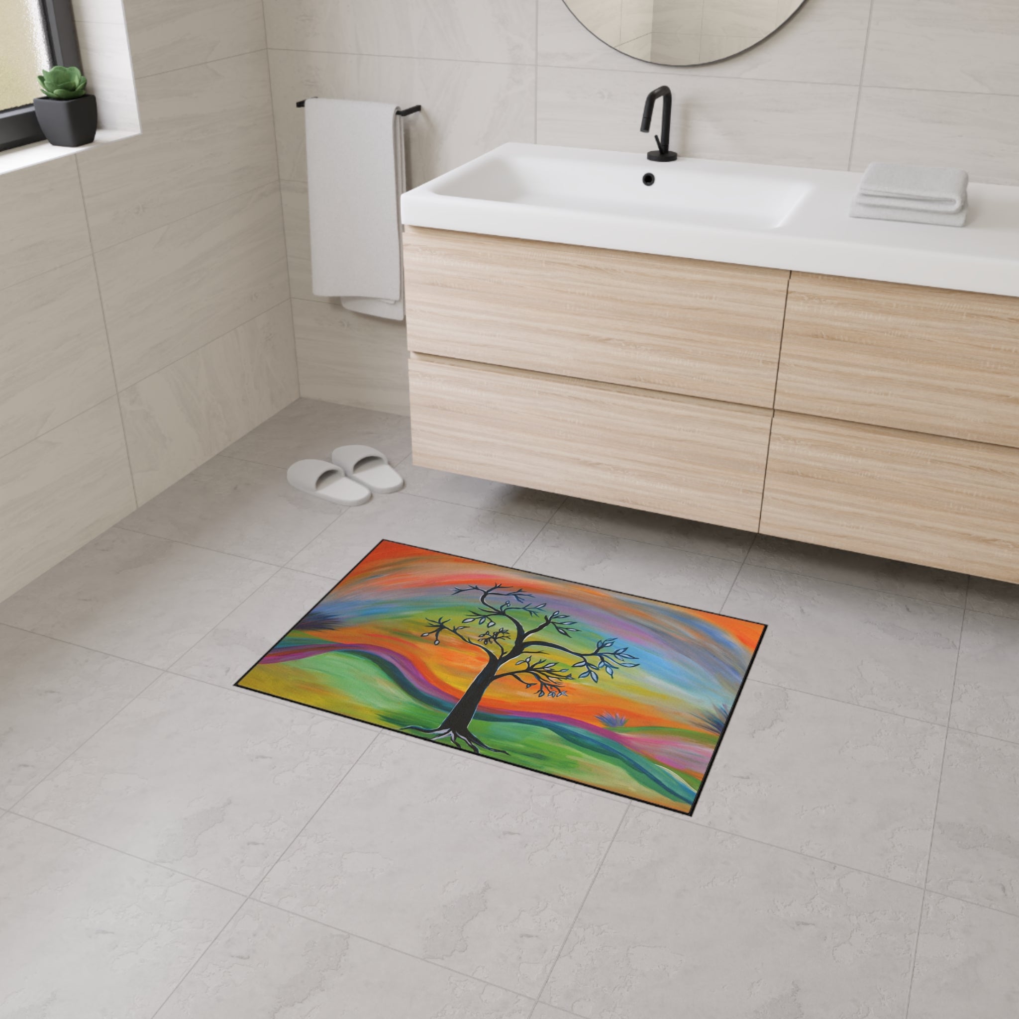 Retro Colorful Tree Heavy-Duty Floor Mat — Vibrant Abstract Welcome Rug