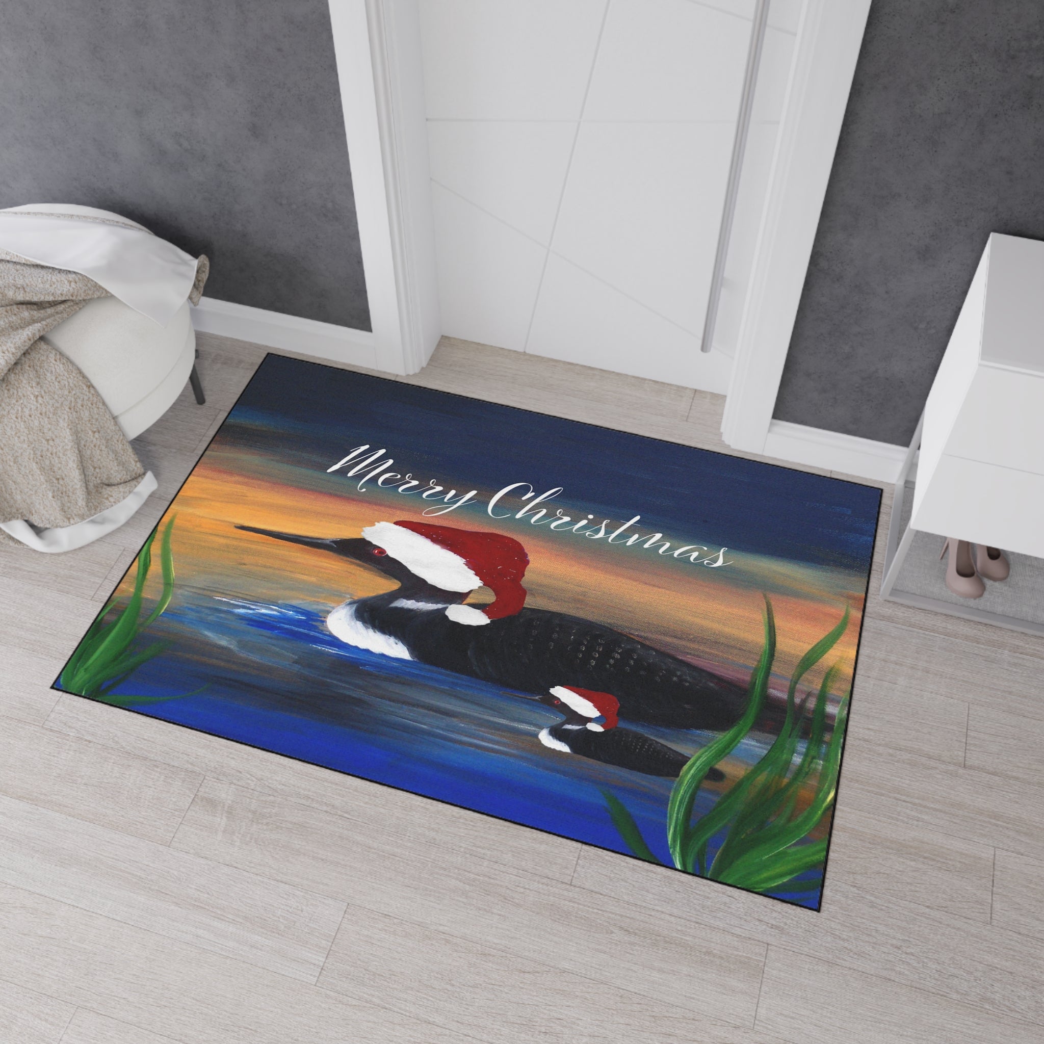 Christmas Loon Rug Doormat - "Merry Christmas" Holiday Waterfowl Floor Mat