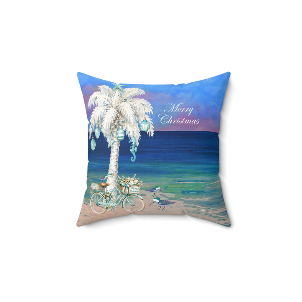 Coastal Christmas Pillow — Beach Palm Tree "Merry Christmas" Throw Pillow