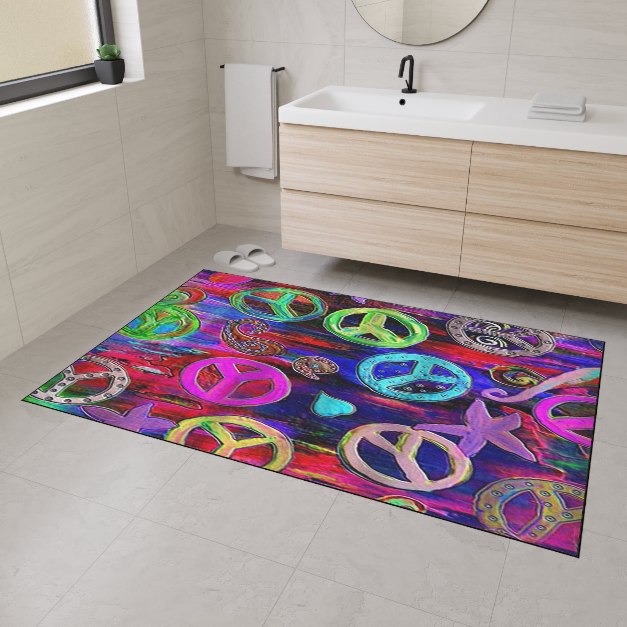 Vibrant Peace Signs Heavy Duty Floor Mat — Colorful Boho Entry Rug