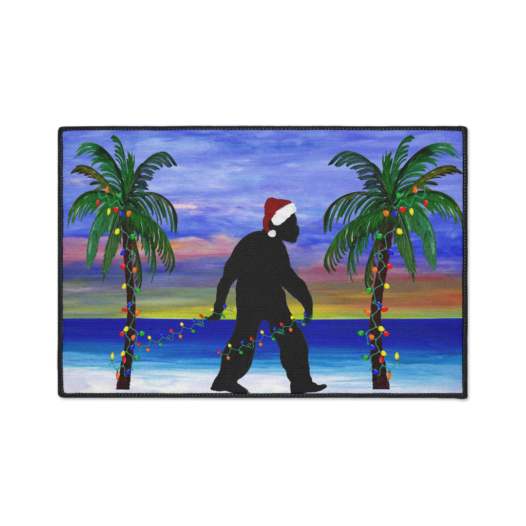 Christmas Beach Sasquatch Doormat — Holiday Palm Tree Welcome Mat