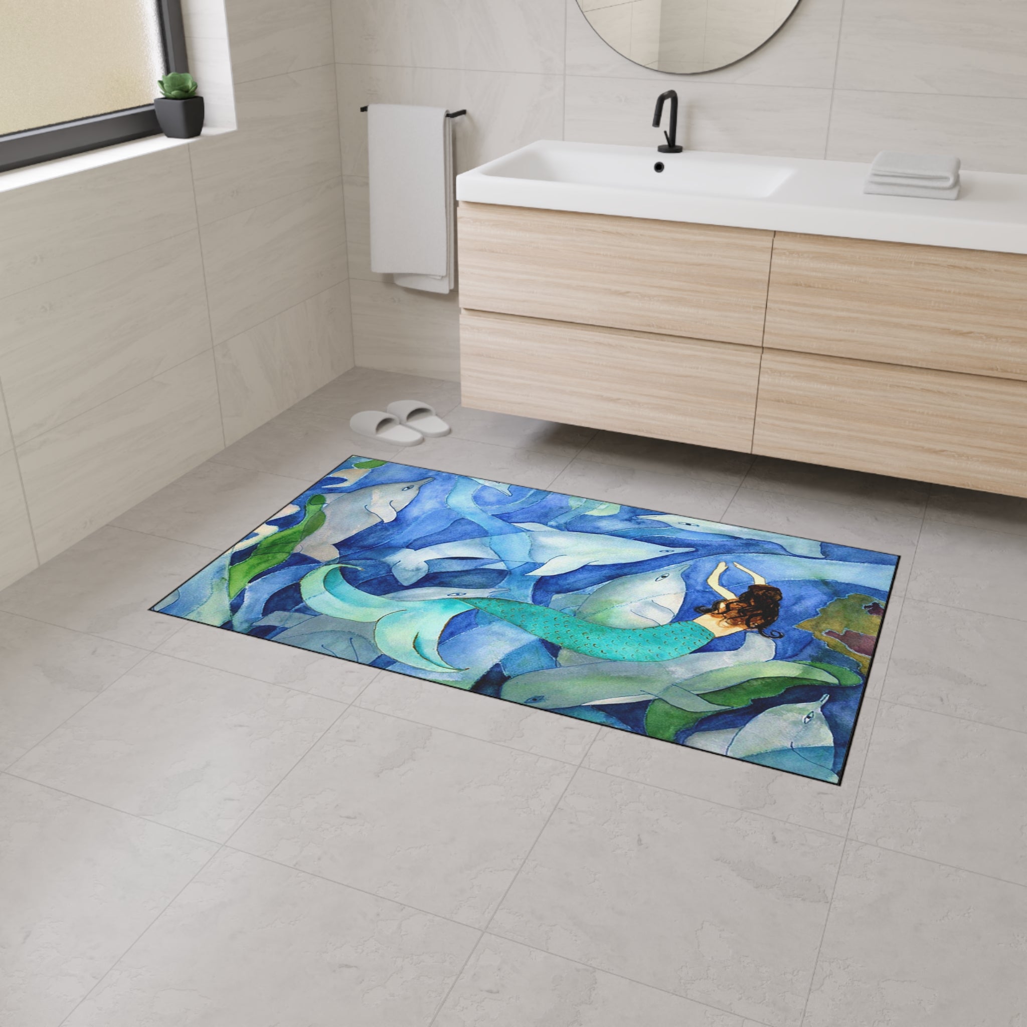 Mermaid and Dolphins Ocean Floor Mat — Heavy-Duty Nautical Doormat