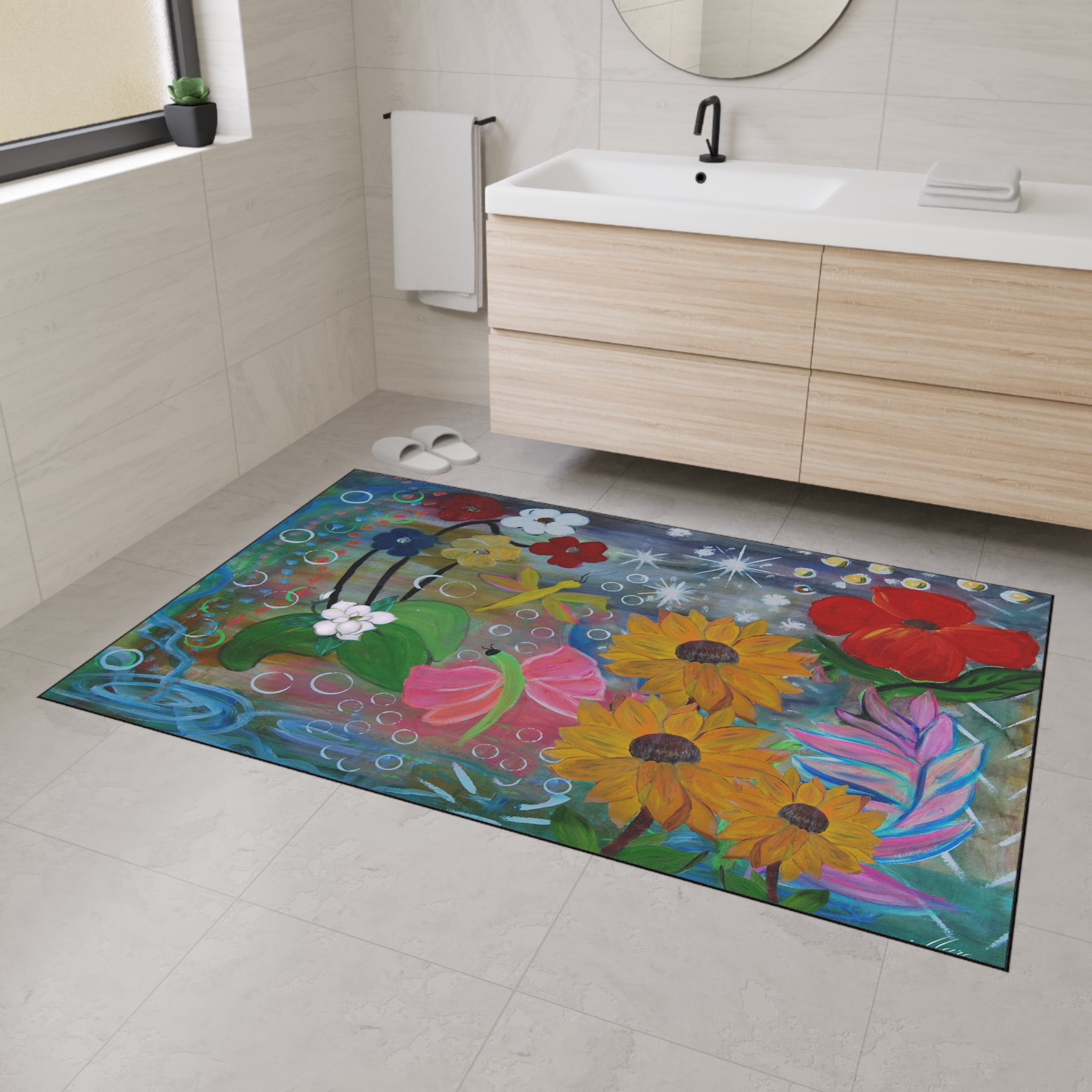 Floral Garden Heavy Duty Floor Mat — Colorful Sunflowers & Poppies Doormat