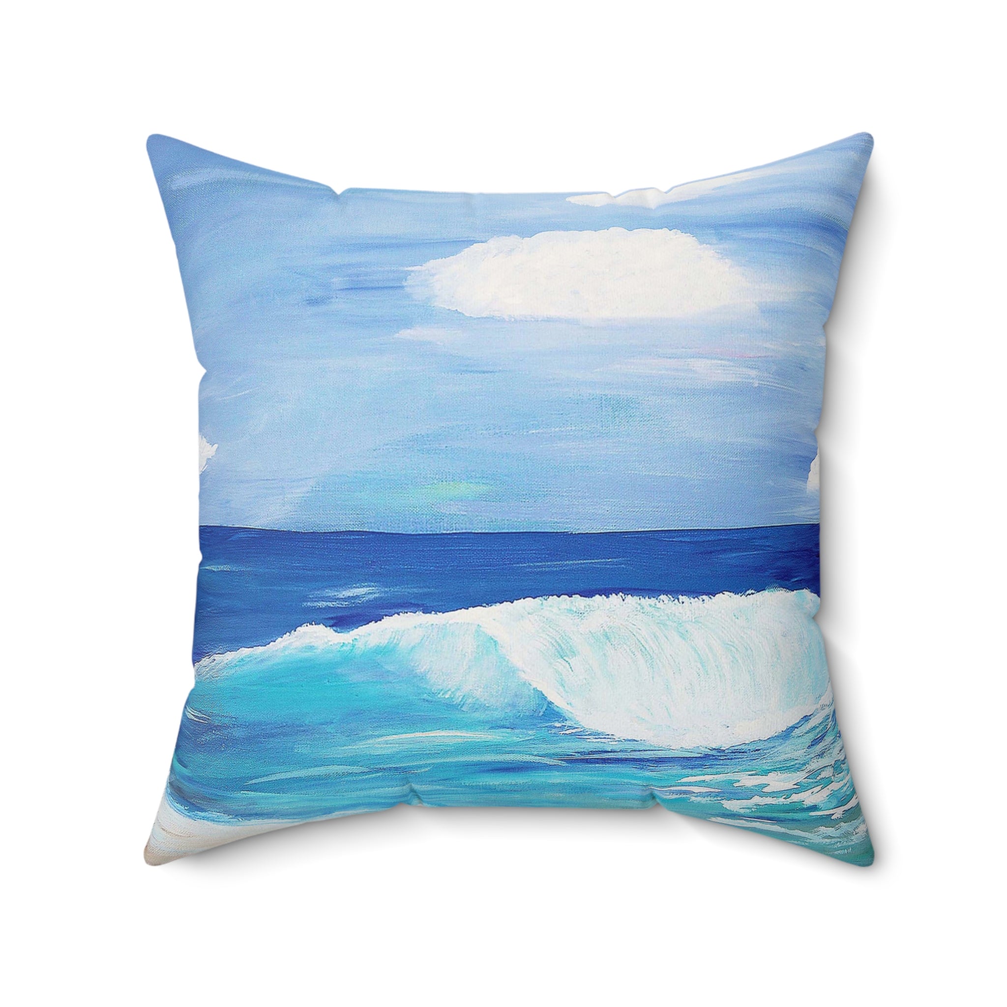 Ocean Wave Throw Pillow — Coastal Blue Beach Art Square Pillow