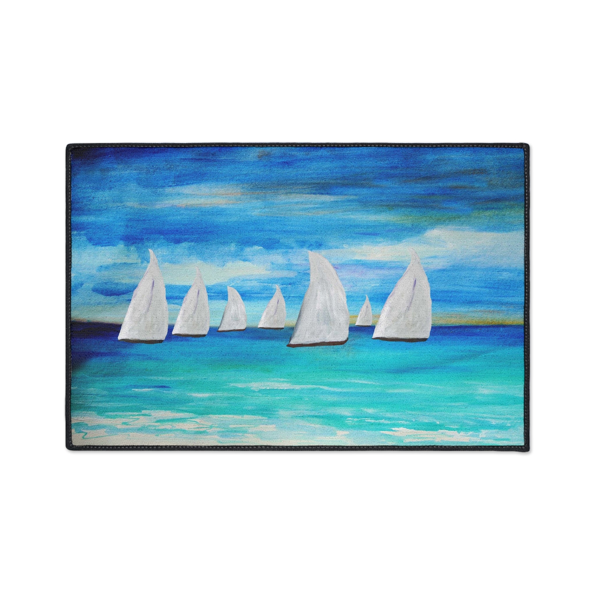 Sailboat Seascape Heavy-Duty Floor Mat — Coastal Nautical Entry Rug