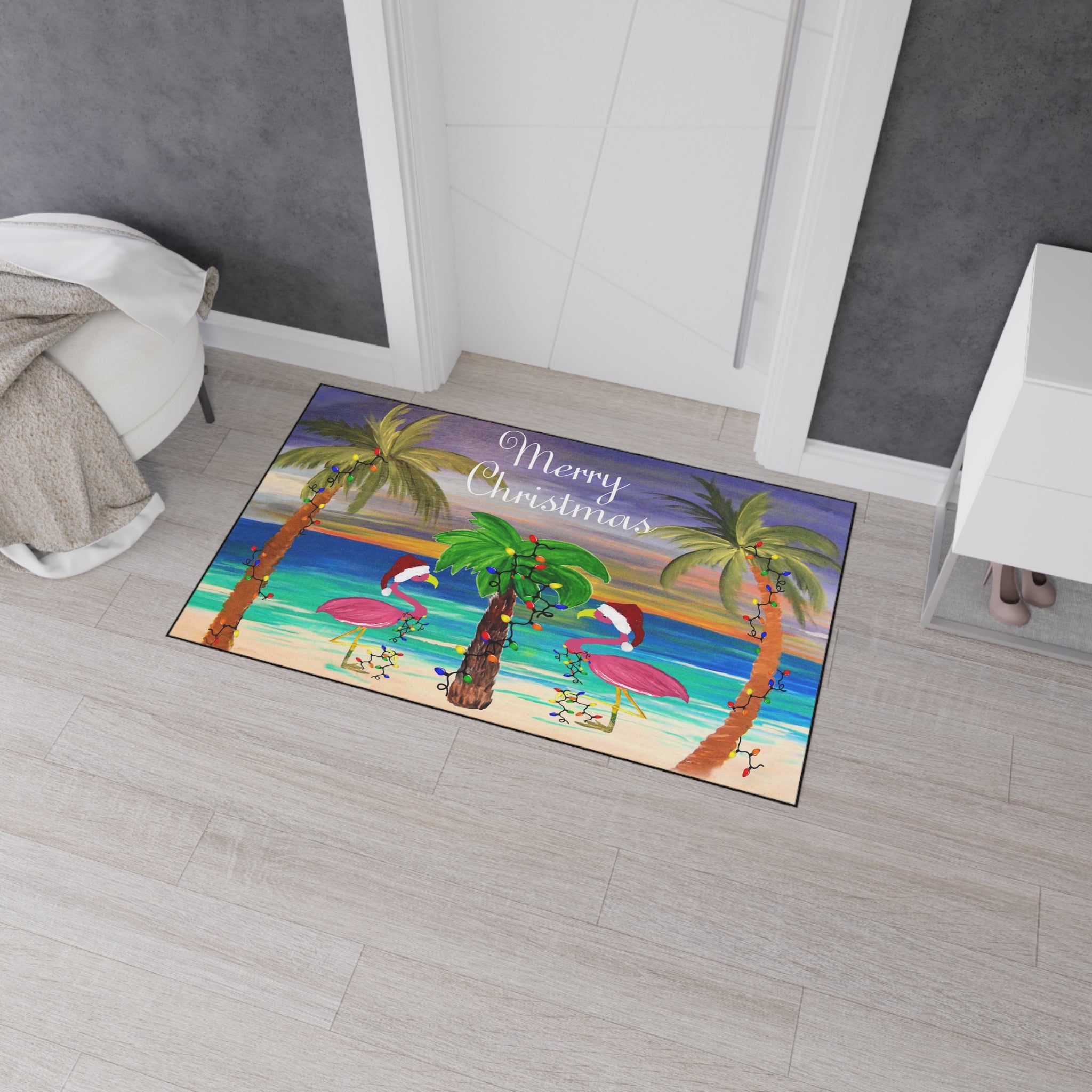 Christmas Beach Floor Mat — "Merry Christmas" Flamingo Palm Tree Doormat