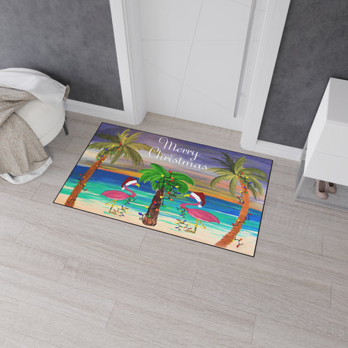 Christmas Beach Floor Mat — "Merry Christmas" Flamingo Palm Tree Doormat
