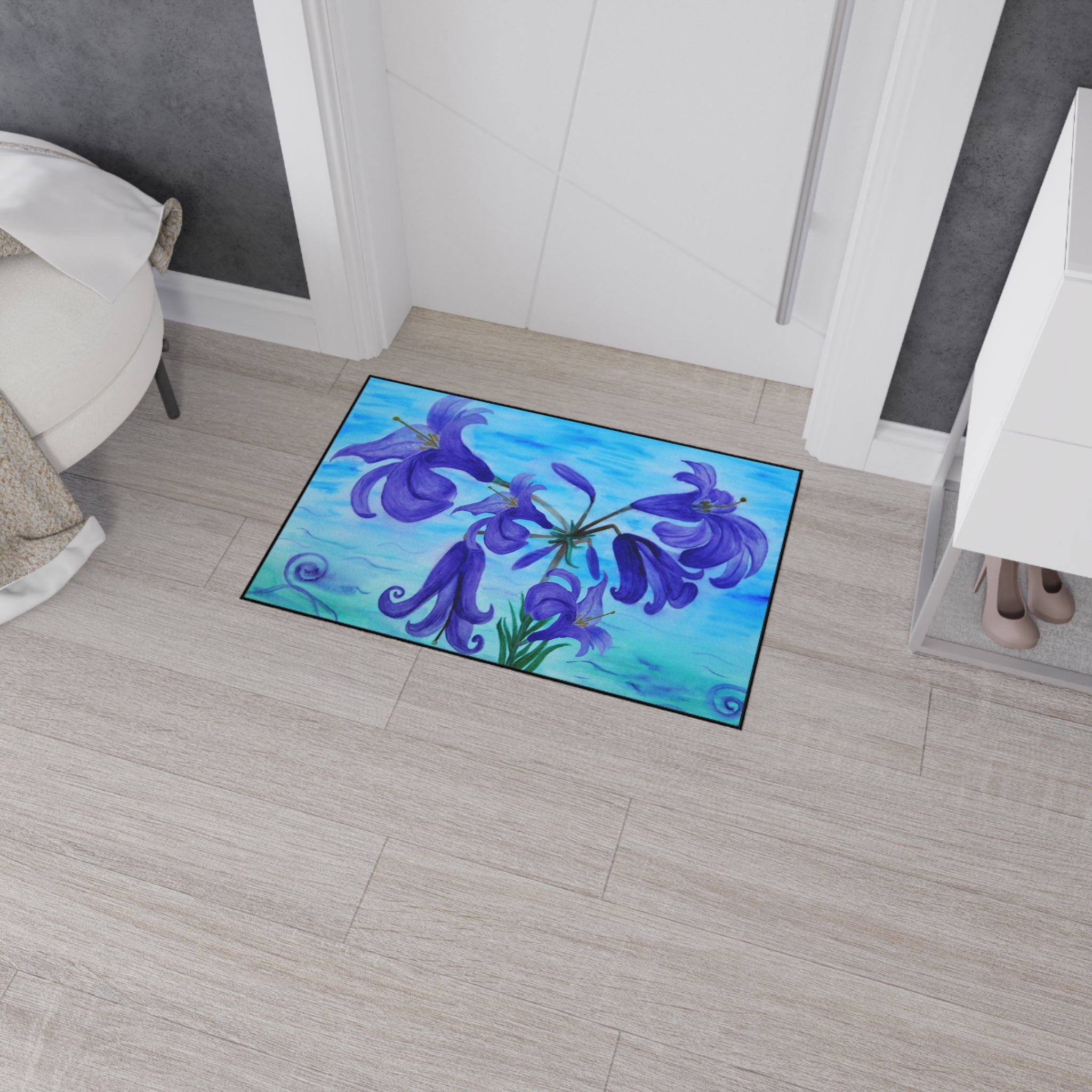 Blue Lily Heavy Duty Floor Mat — Waterproof Floral Entryway Rug