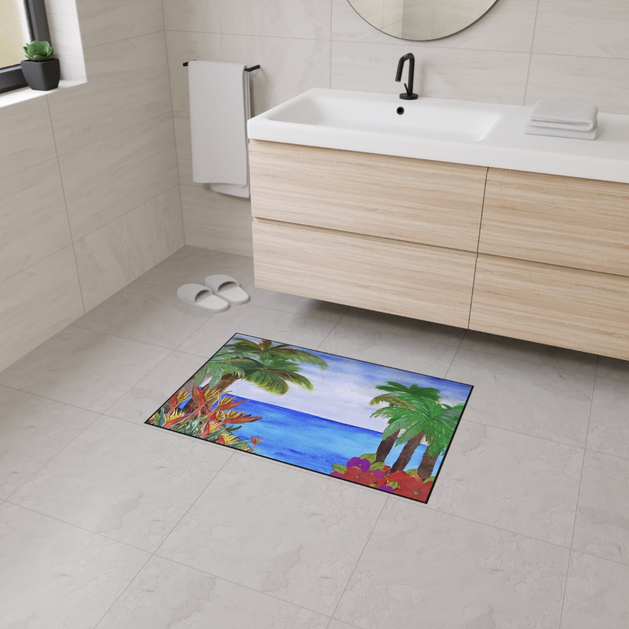 Tropical Beach Floor Mat – Palm Trees & Ocean Welcome Rug