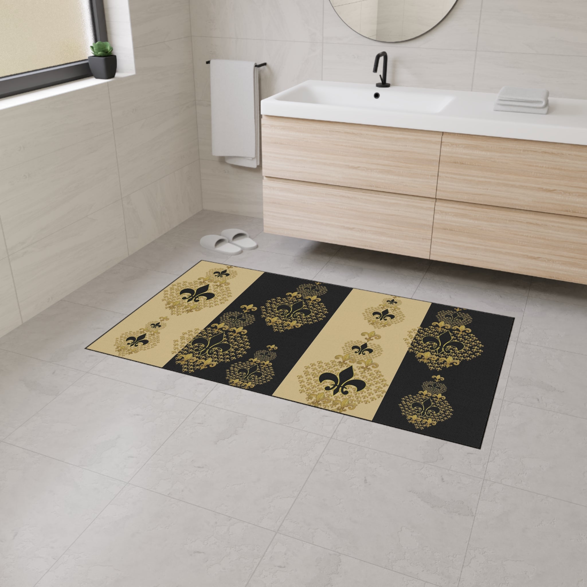 Fleur-de-Lis Heavy Duty Floor Mat — Black & Gold Decorative Entry Rug