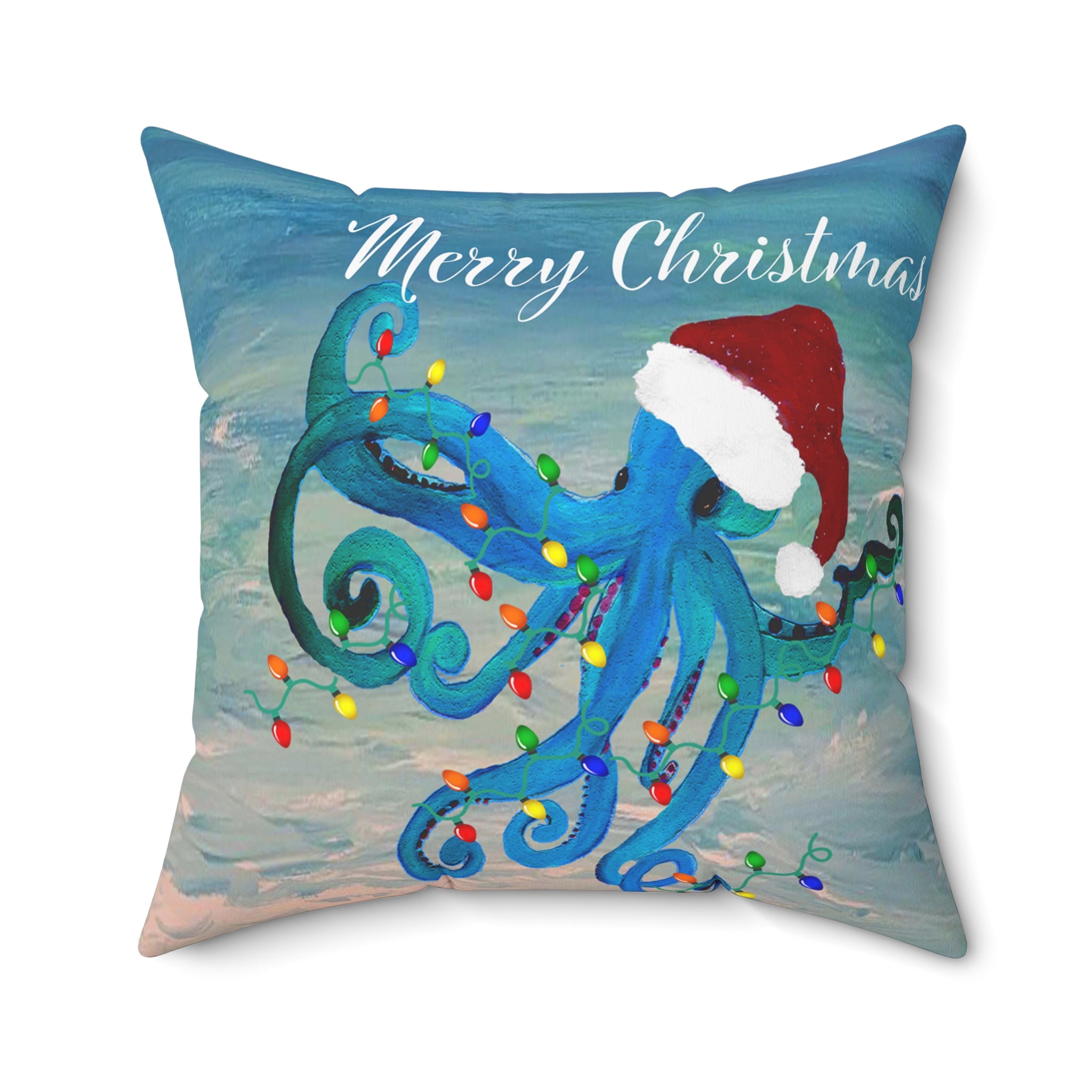 Merry Christmas Octopus Pillow — Festive Santa Hat Sea Creature Throw Pillow