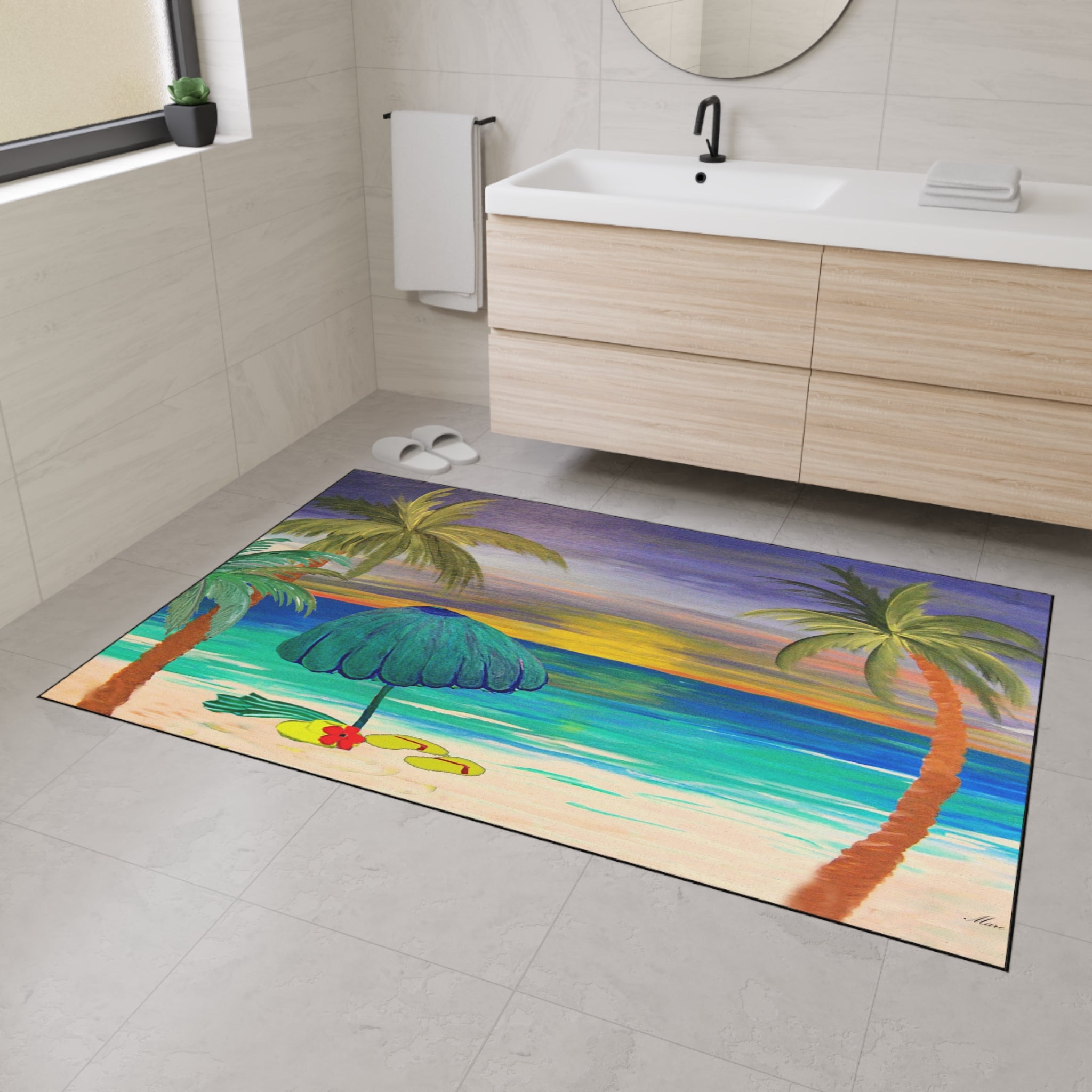 Tropical Sunset Beach Floor Mat — Palm Trees & Umbrella Seaside Doormat