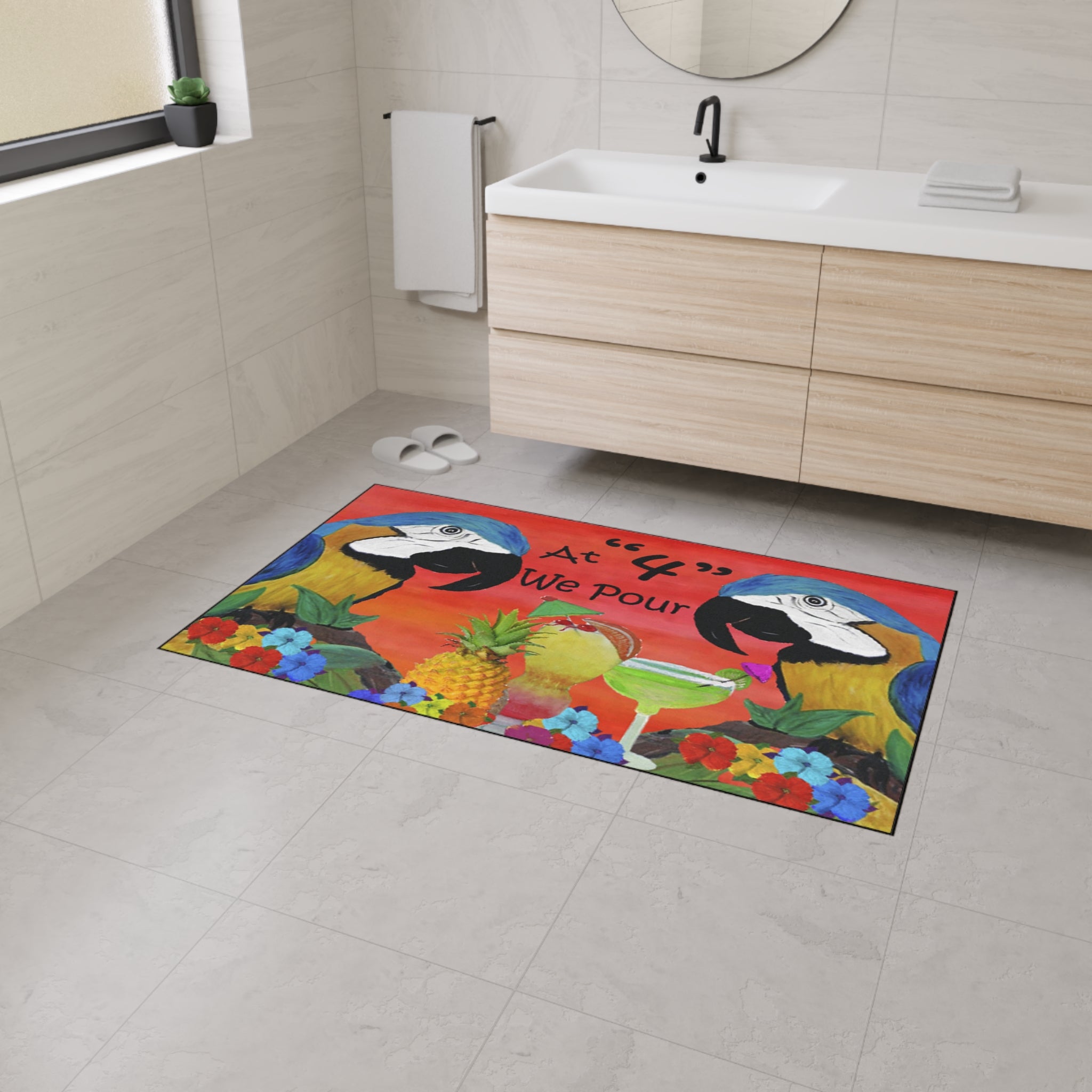 Tropical Parrot Floor Mat — "At 4 We Pour" Bar Welcome Doormat