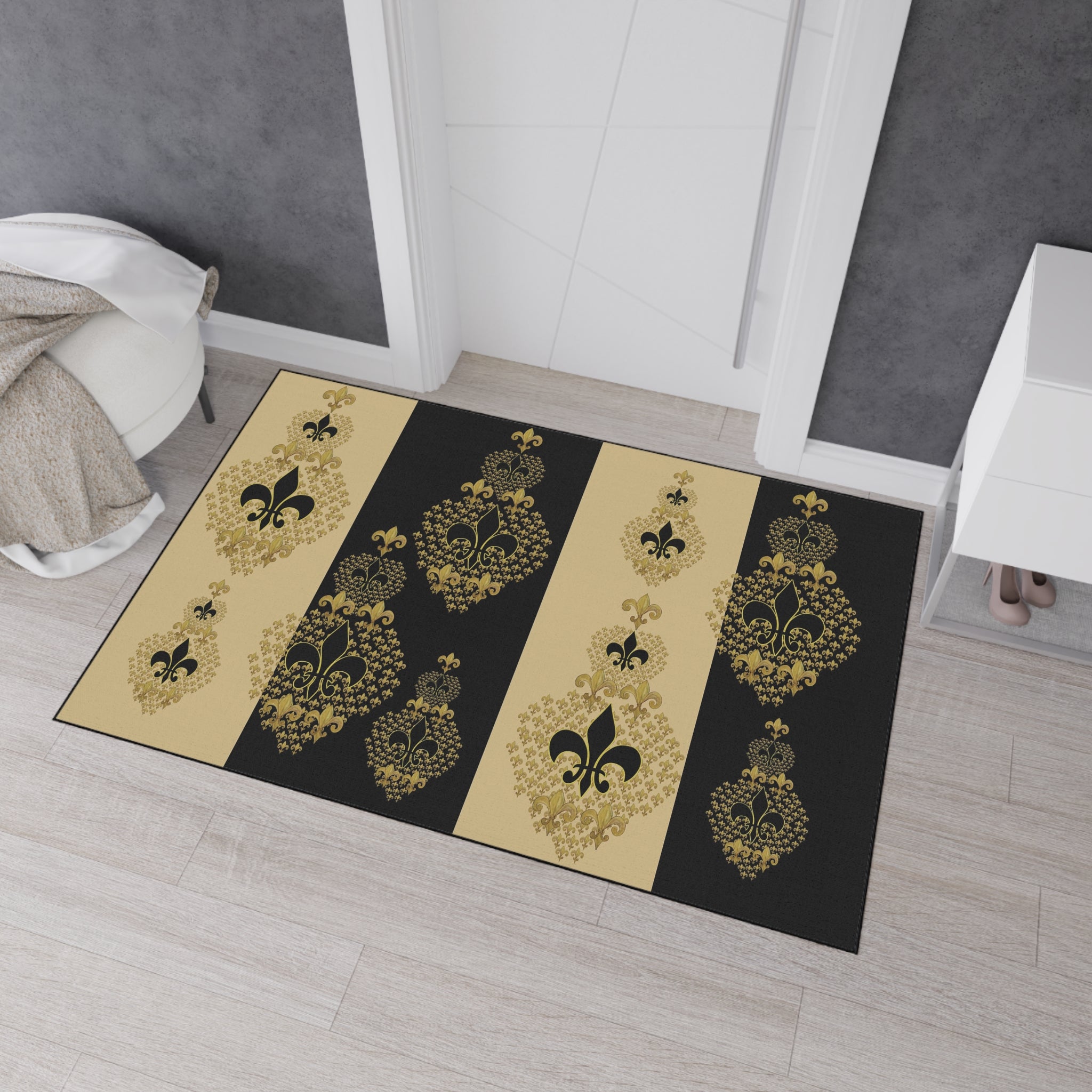 Fleur-de-Lis Heavy Duty Floor Mat — Black & Gold Decorative Entry Rug