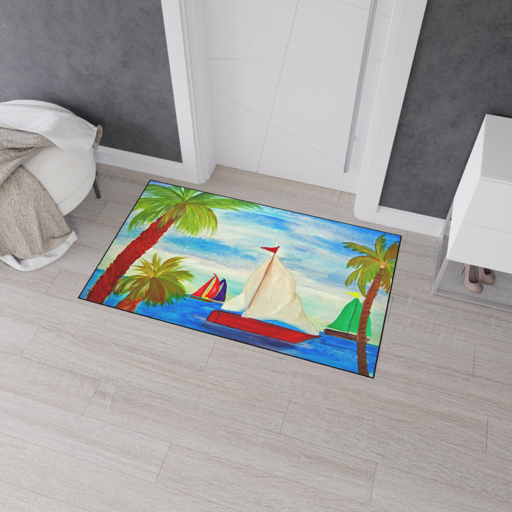 Sailboat Palm Beach Floor Mat — Heavy-Duty Tropical Welcome Mat