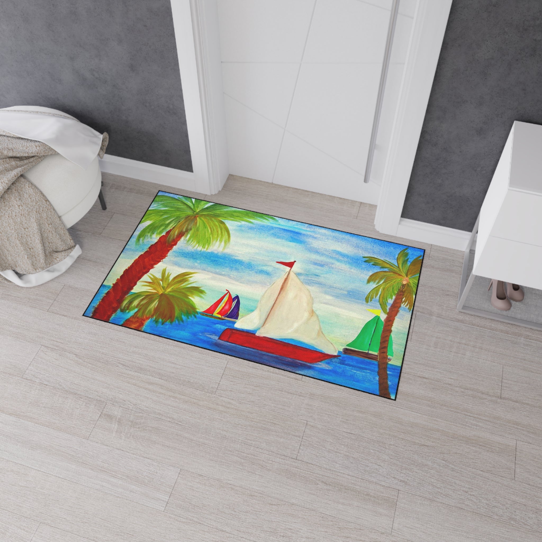 Sailboat Palm Beach Floor Mat — Heavy-Duty Tropical Welcome Mat