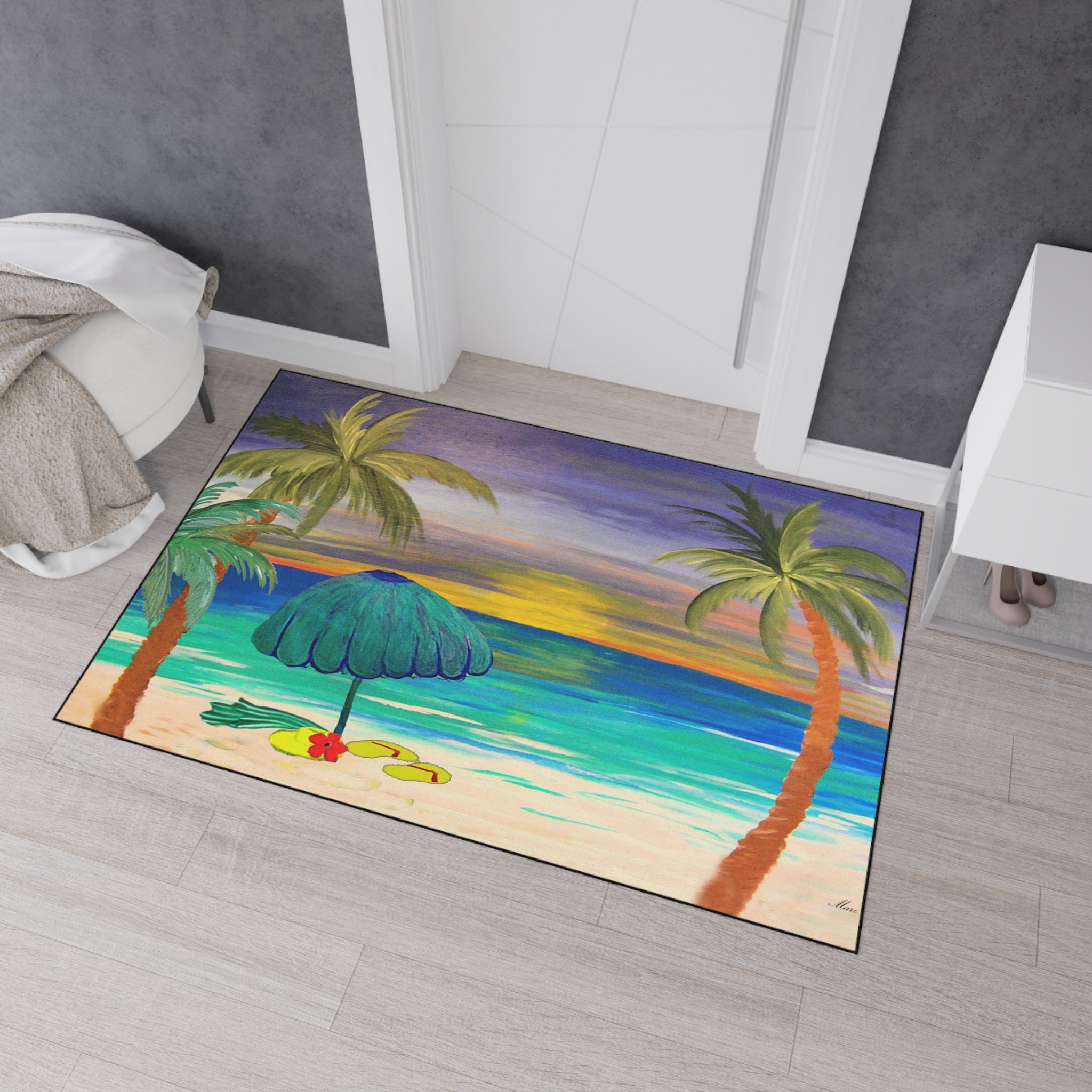 Tropical Sunset Beach Floor Mat — Palm Trees & Umbrella Seaside Doormat