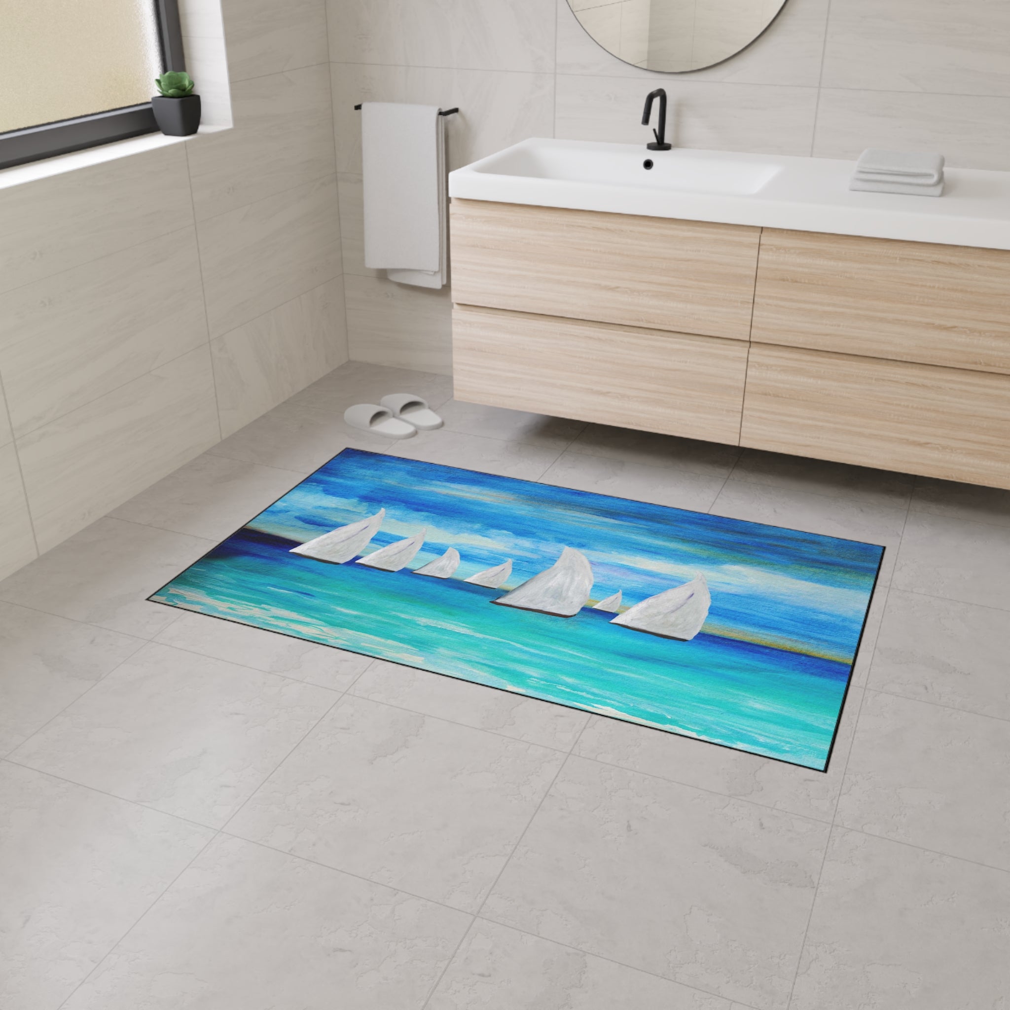 Sailboat Seascape Heavy-Duty Floor Mat — Coastal Nautical Entry Rug