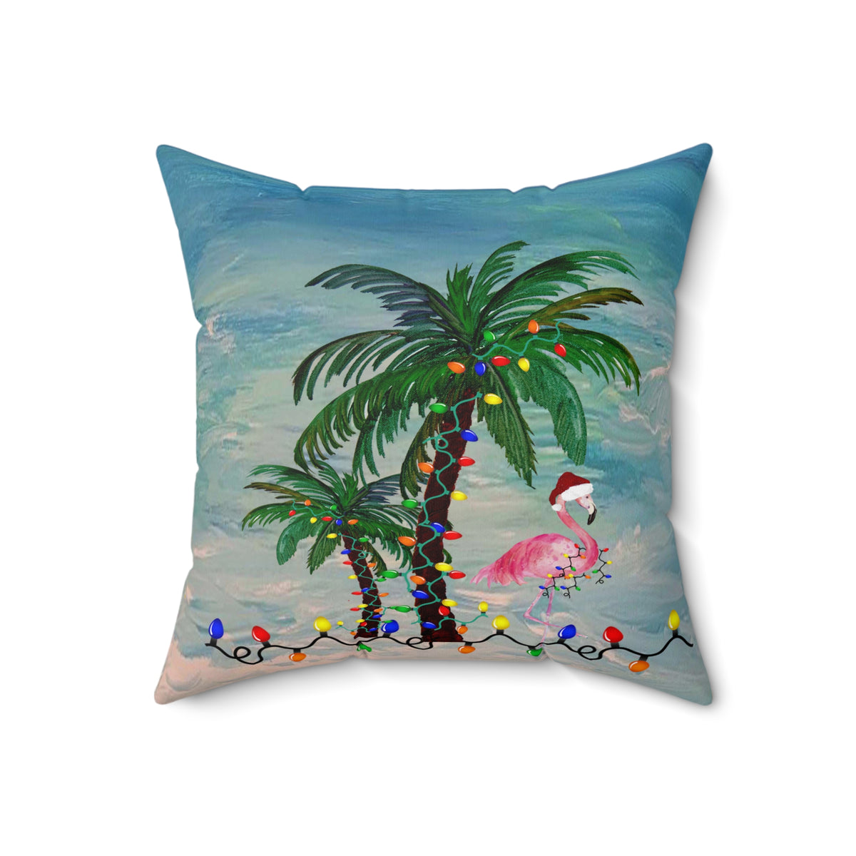 Tropical Christmas Palm Pillow — Flamingo with Holiday Lights