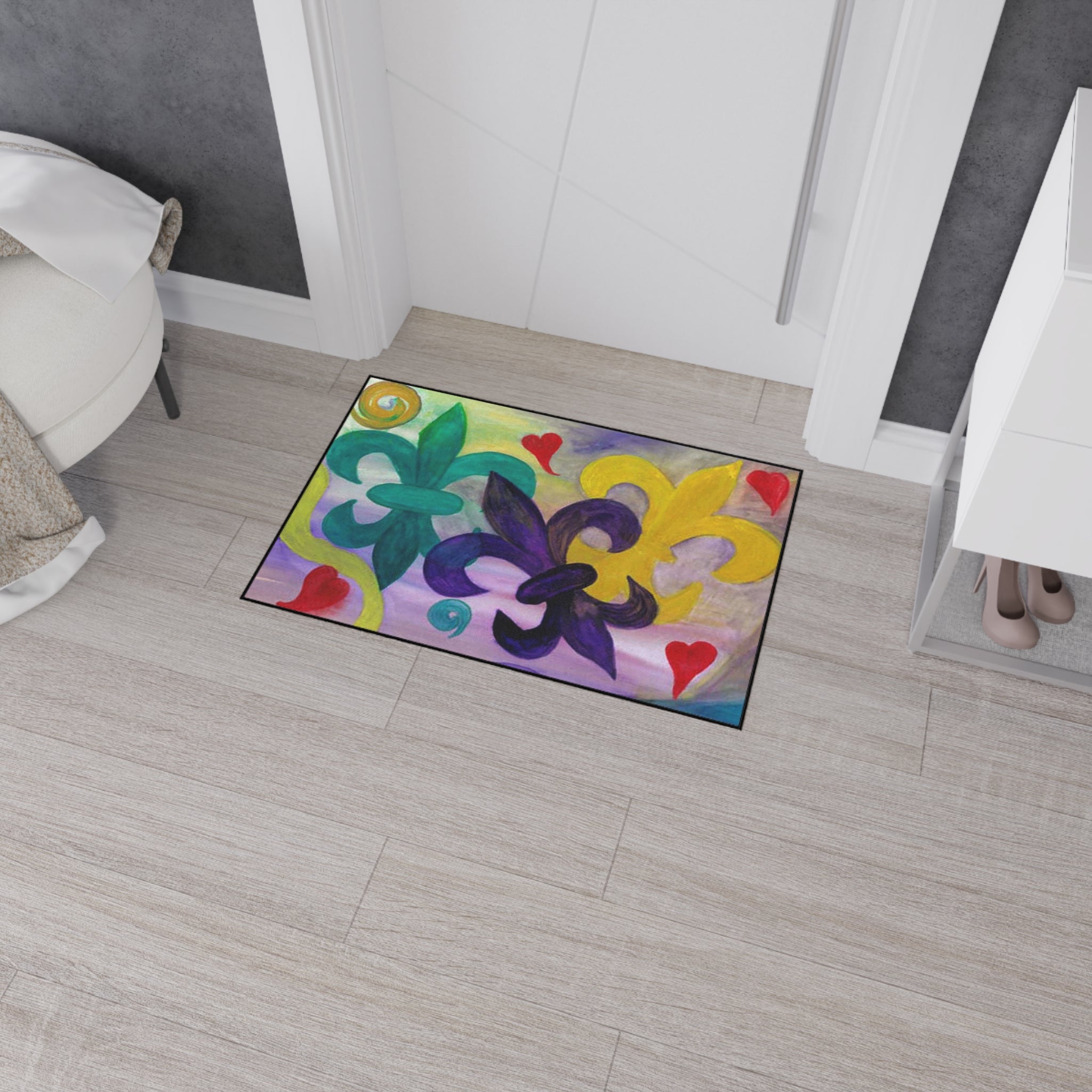 Mardi Gras Fleur-de-Lis Heavy Duty Floor Mat — Colorful Hearts & Fleur Design
